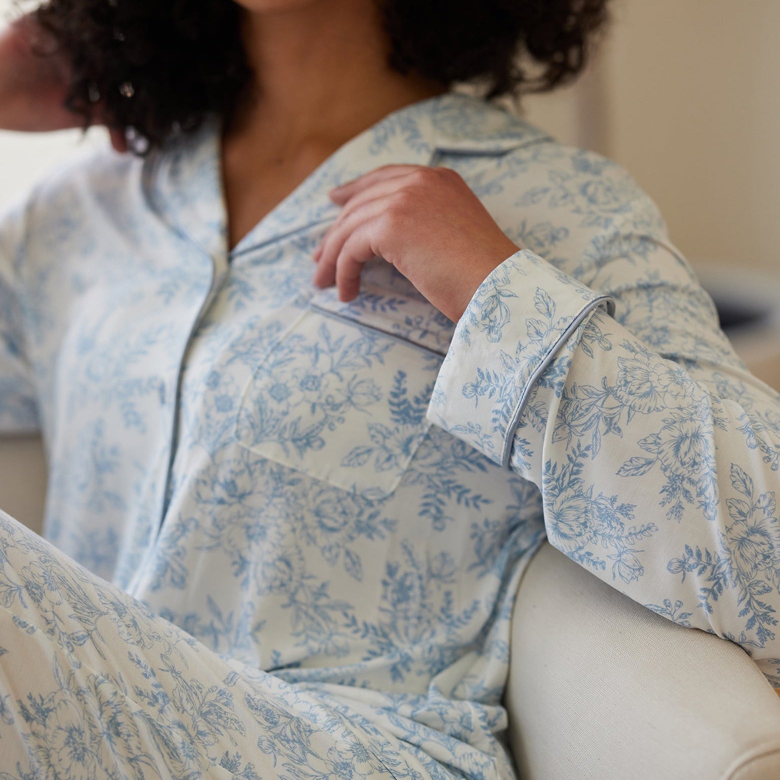 Sky Toile@woman wearing sky toile cozy earth pajamas