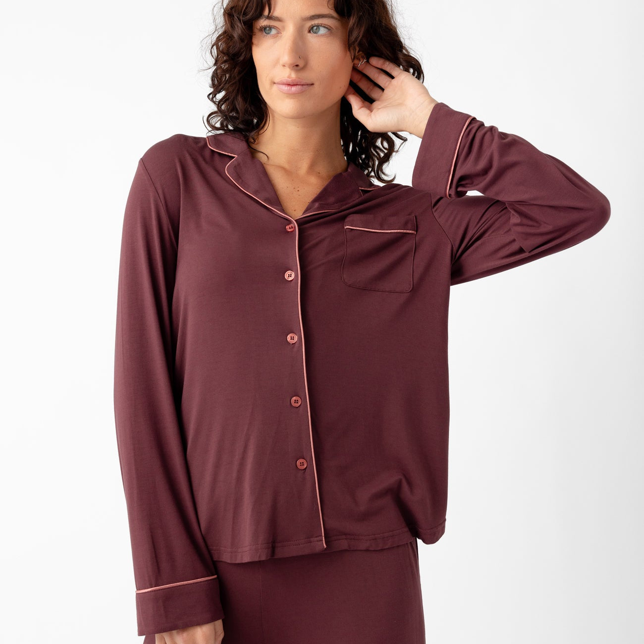 Burgundy@woman wearing burgundy cozy earth pajamas