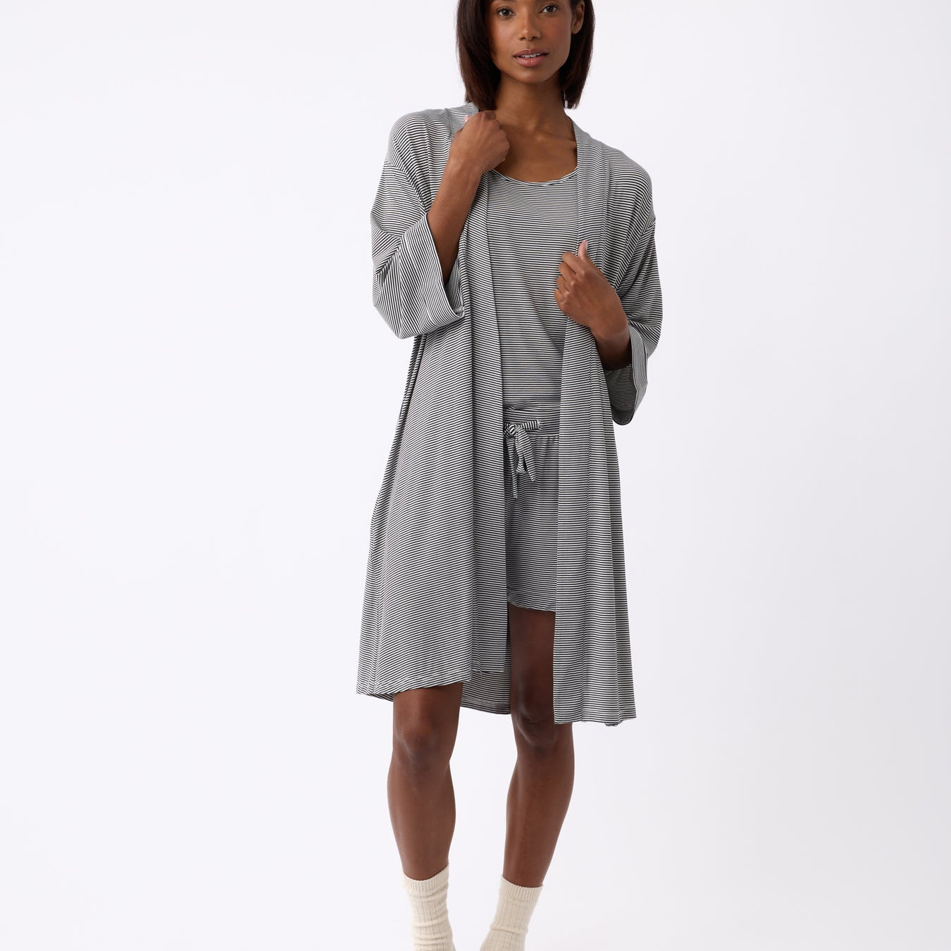 Eclipse Mini Stripe@woman wearing a eclipse mini stripe cozy earth robe