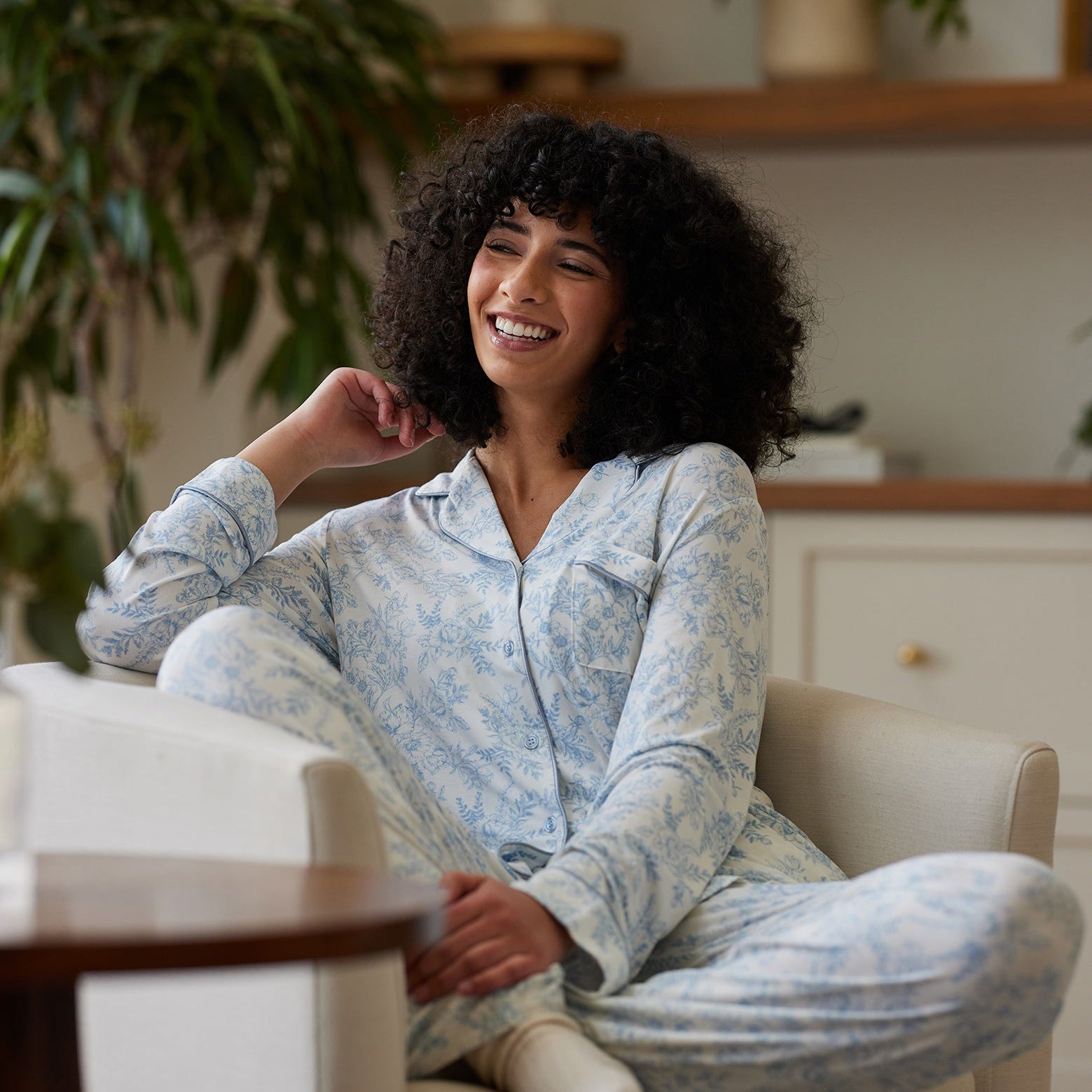 Sky Toile@woman wearing sky toile cozy earth pajamas