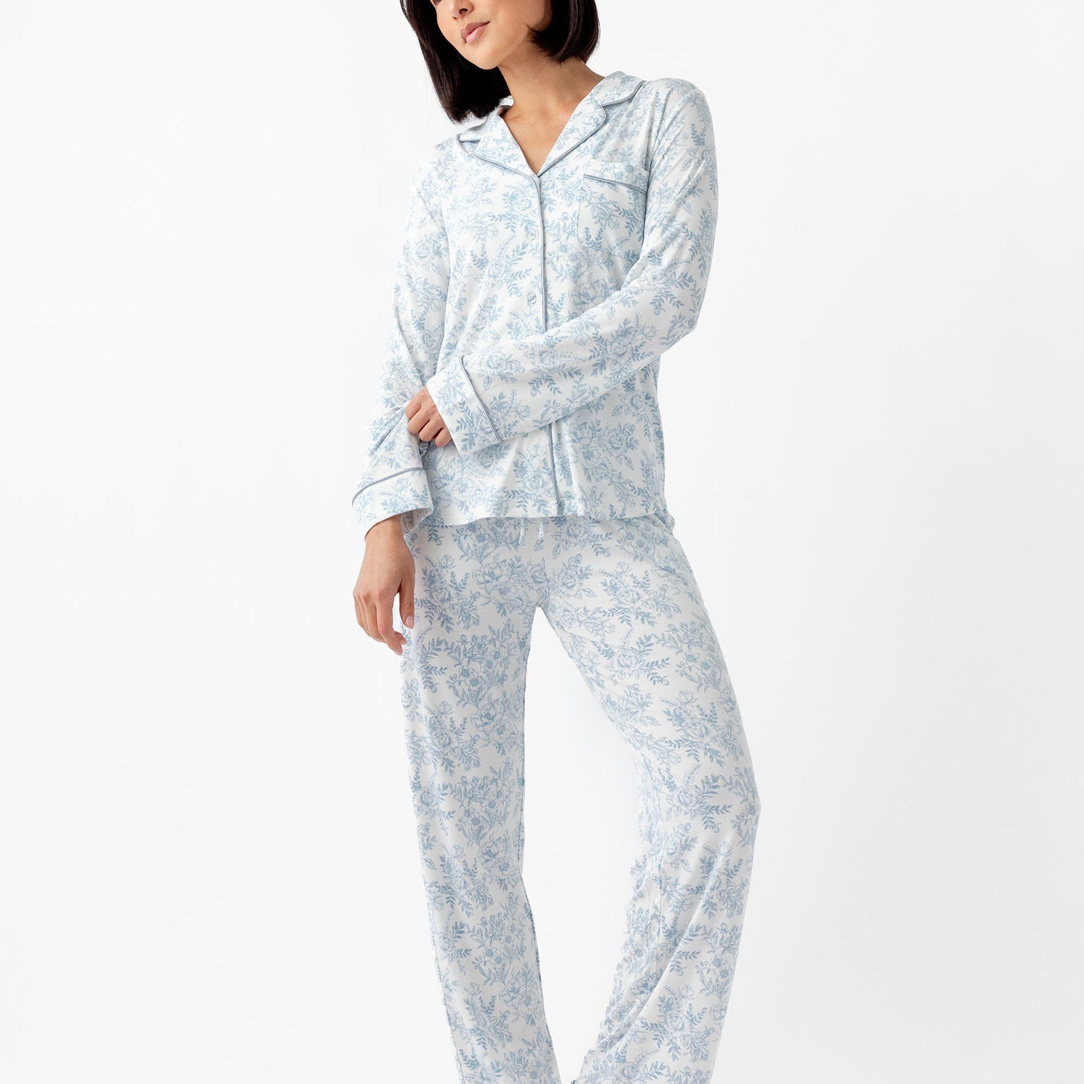 Sky Toile@woman wearing sky toile cozy earth pajamas
