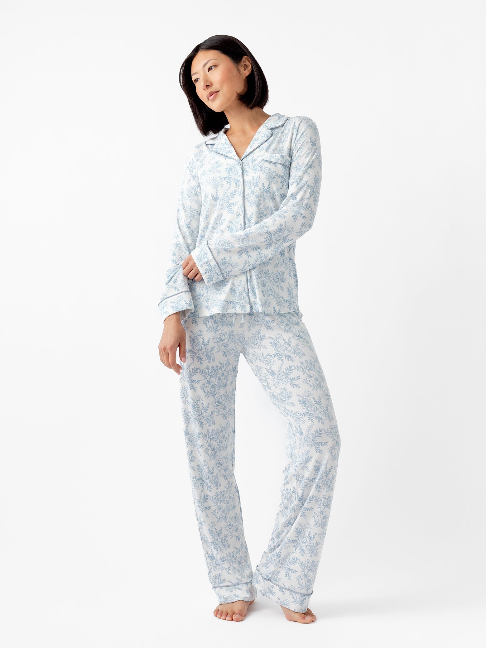 Sky Toile@woman wearing sky toile cozy earth pajamas