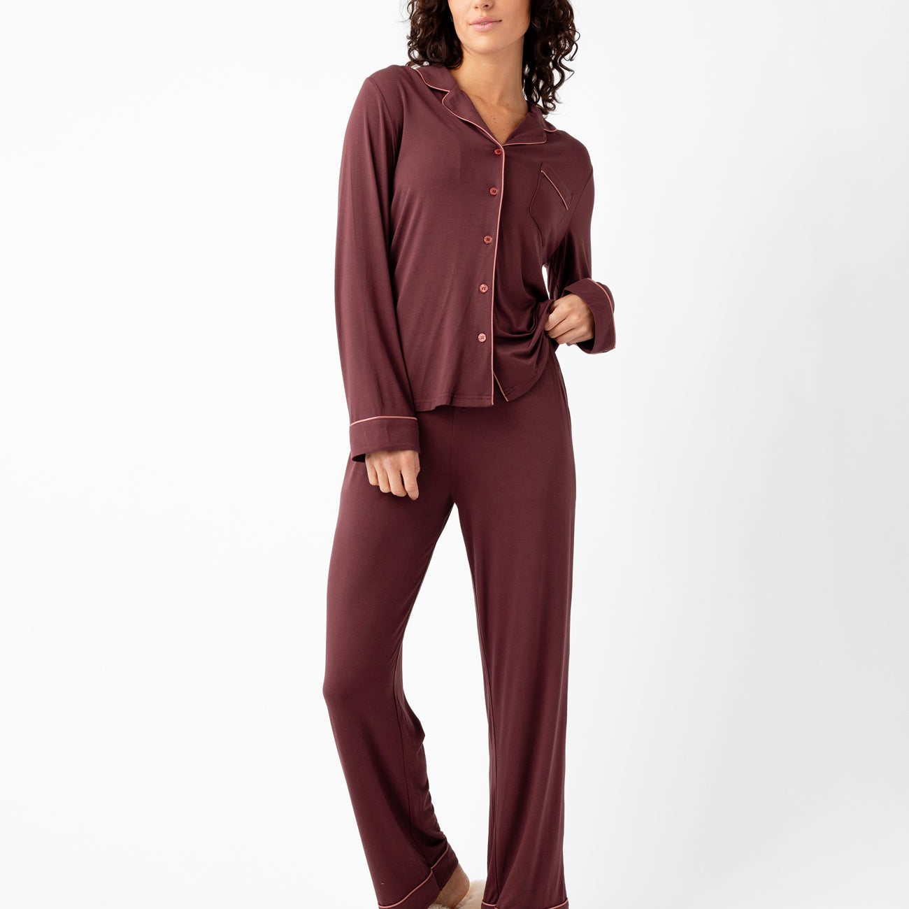 Burgundy@woman wearing burgundy cozy earth pajamas