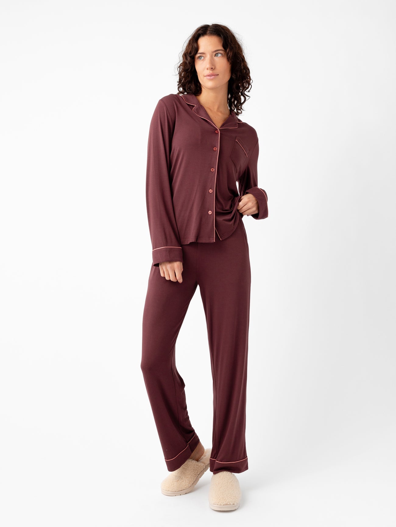 Burgundy@woman wearing burgundy cozy earth pajamas