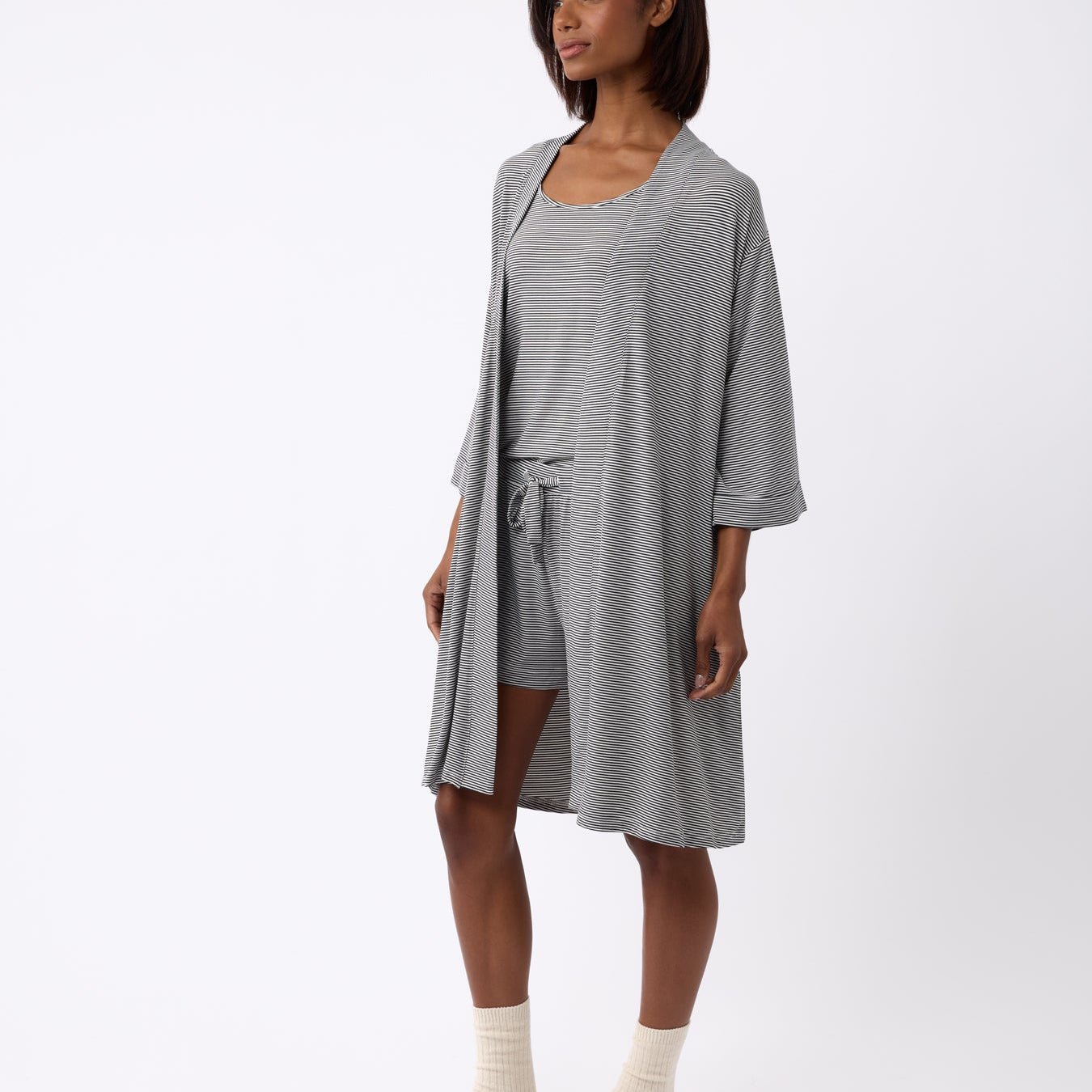 Eclipse Mini Stripe@woman wearing a eclipse mini stripe cozy earth robe