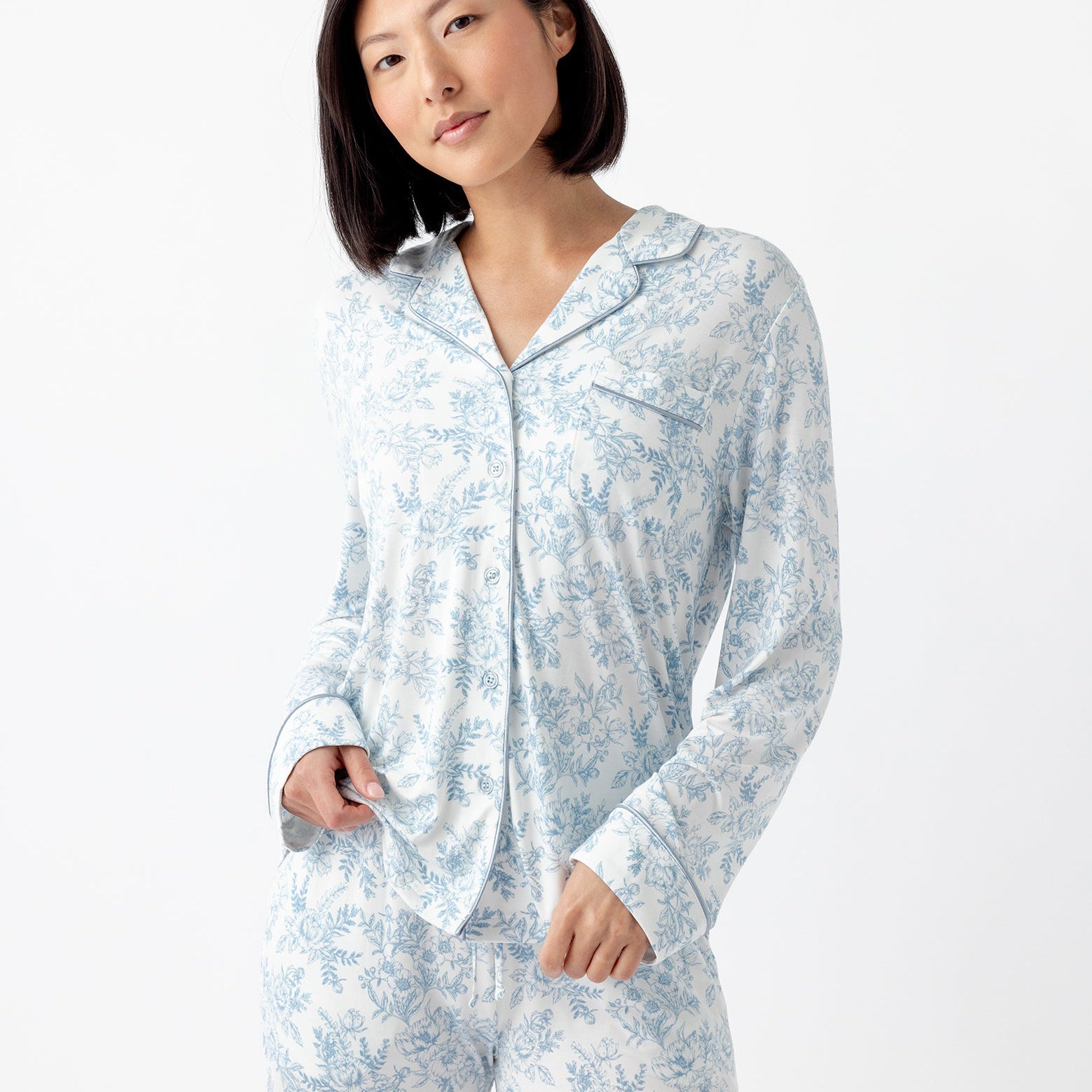 Sky Toile@woman wearing sky toile cozy earth pajamas