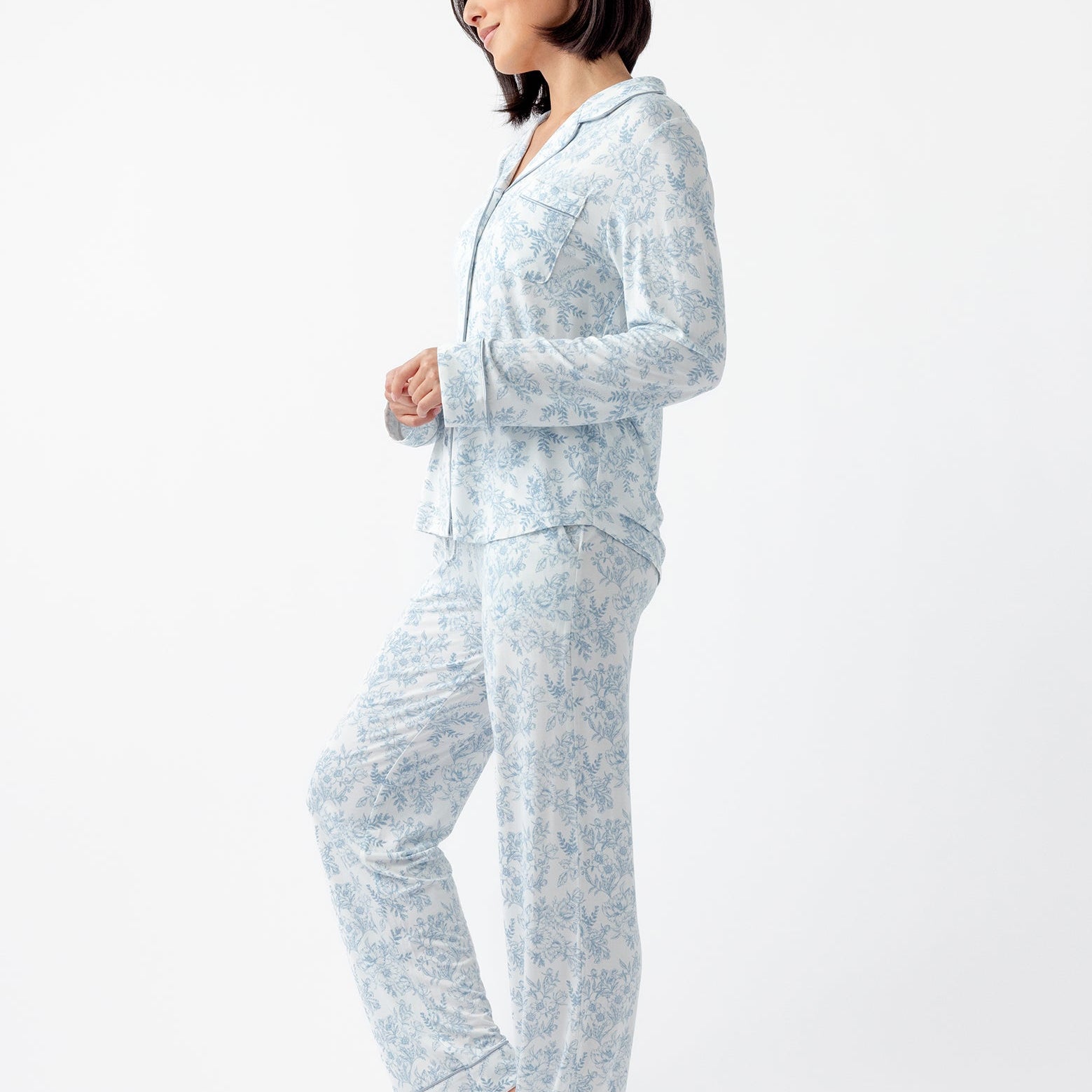 Sky Toile@woman wearing sky toile cozy earth pajamas
