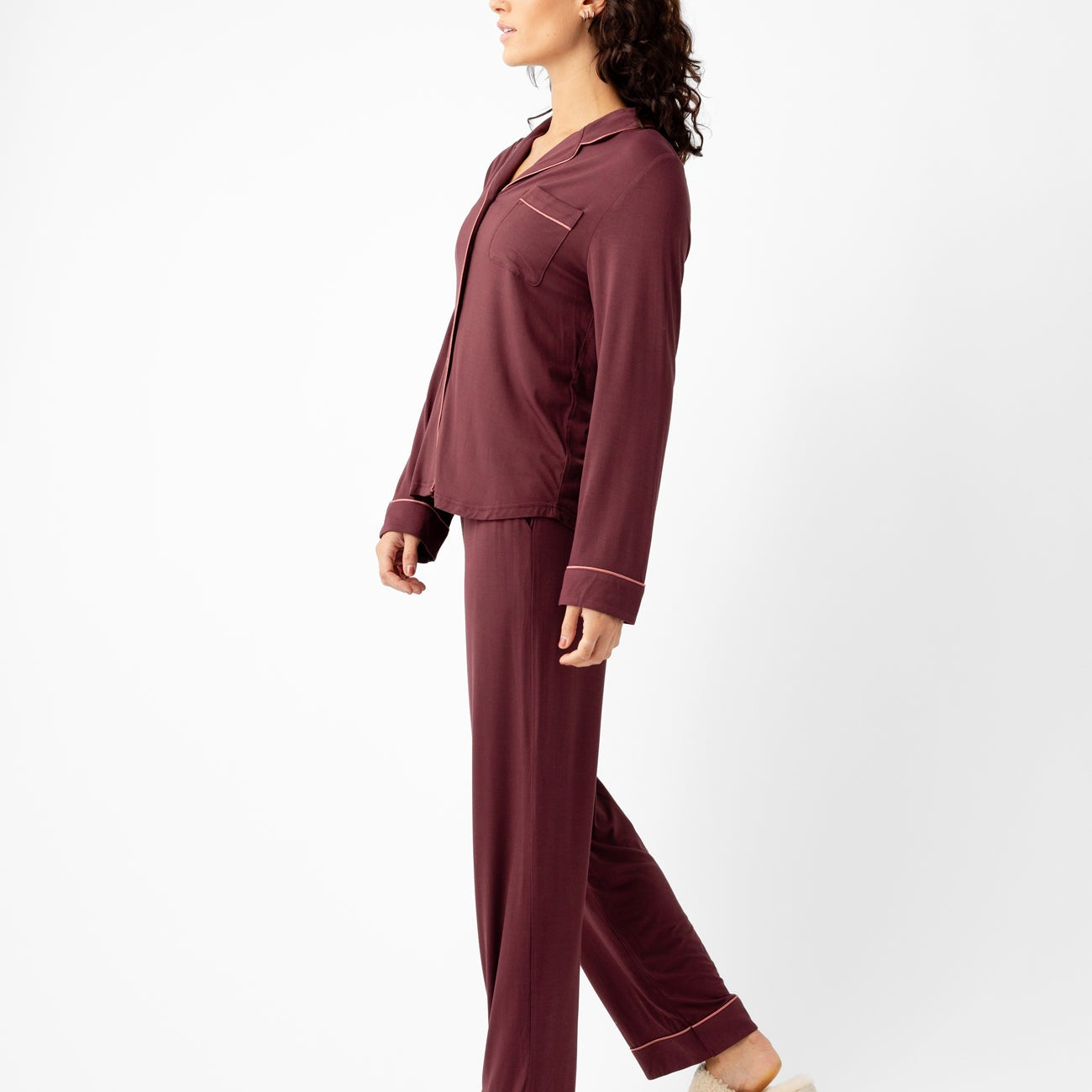 Burgundy@woman wearing burgundy cozy earth pajamas
