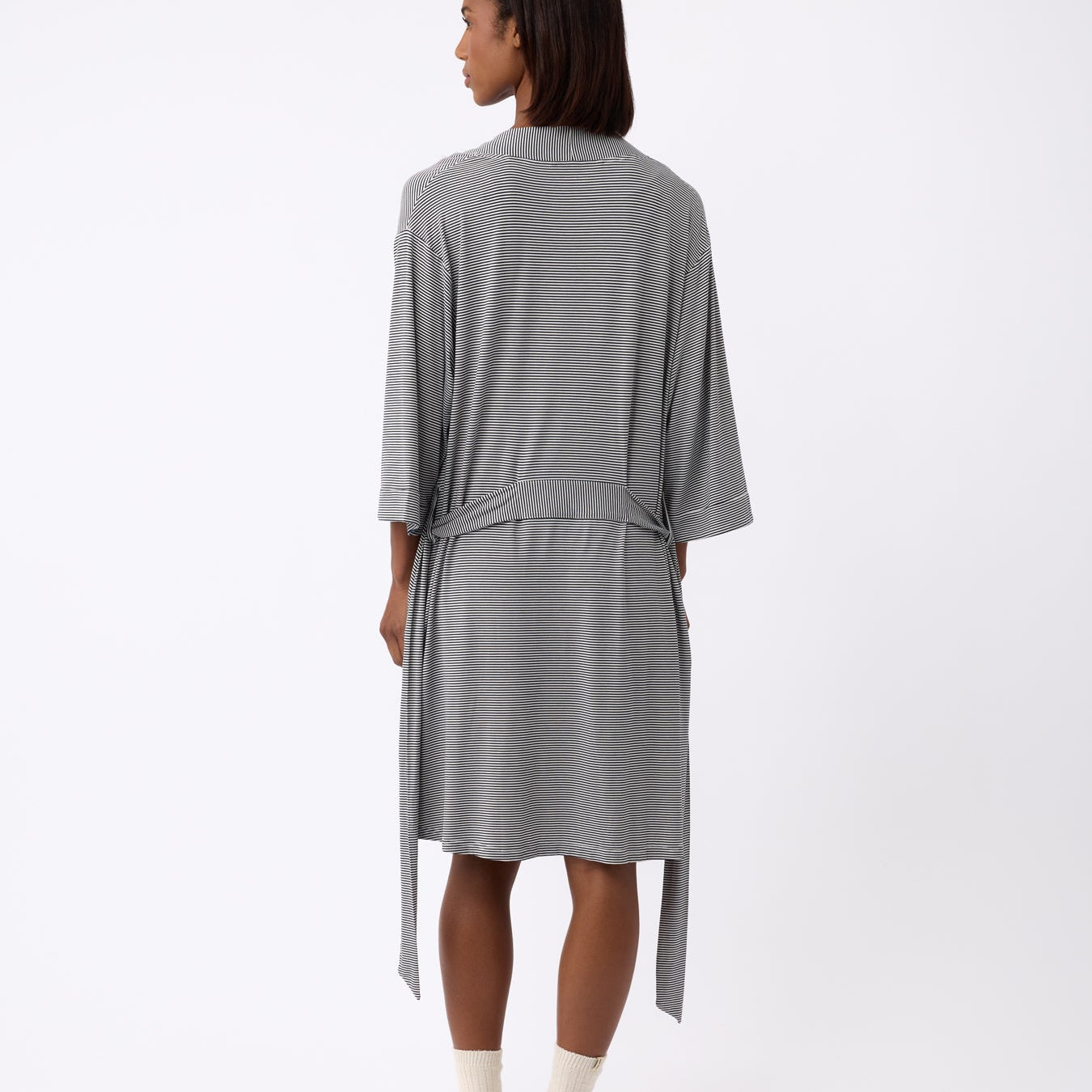 Eclipse Mini Stripe@woman wearing a eclipse mini stripe cozy earth robe