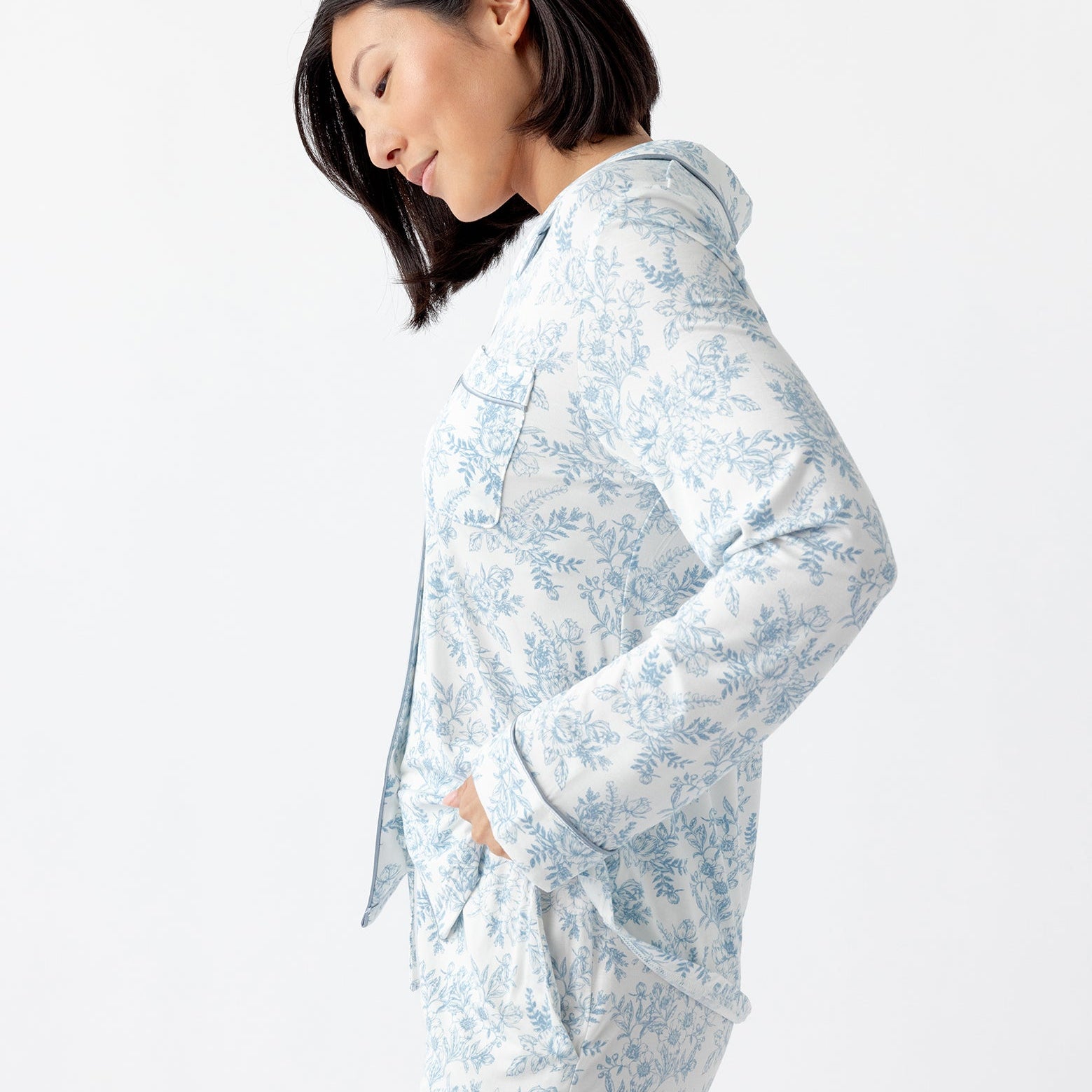 Sky Toile@woman wearing sky toile cozy earth pajamas