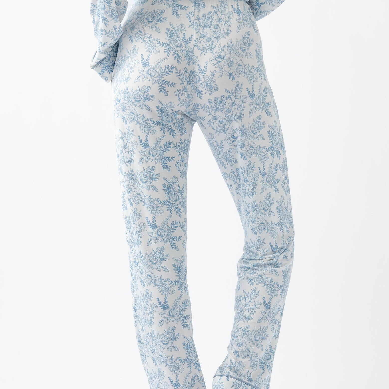 Sky Toile@woman wearing sky toile cozy earth pajamas