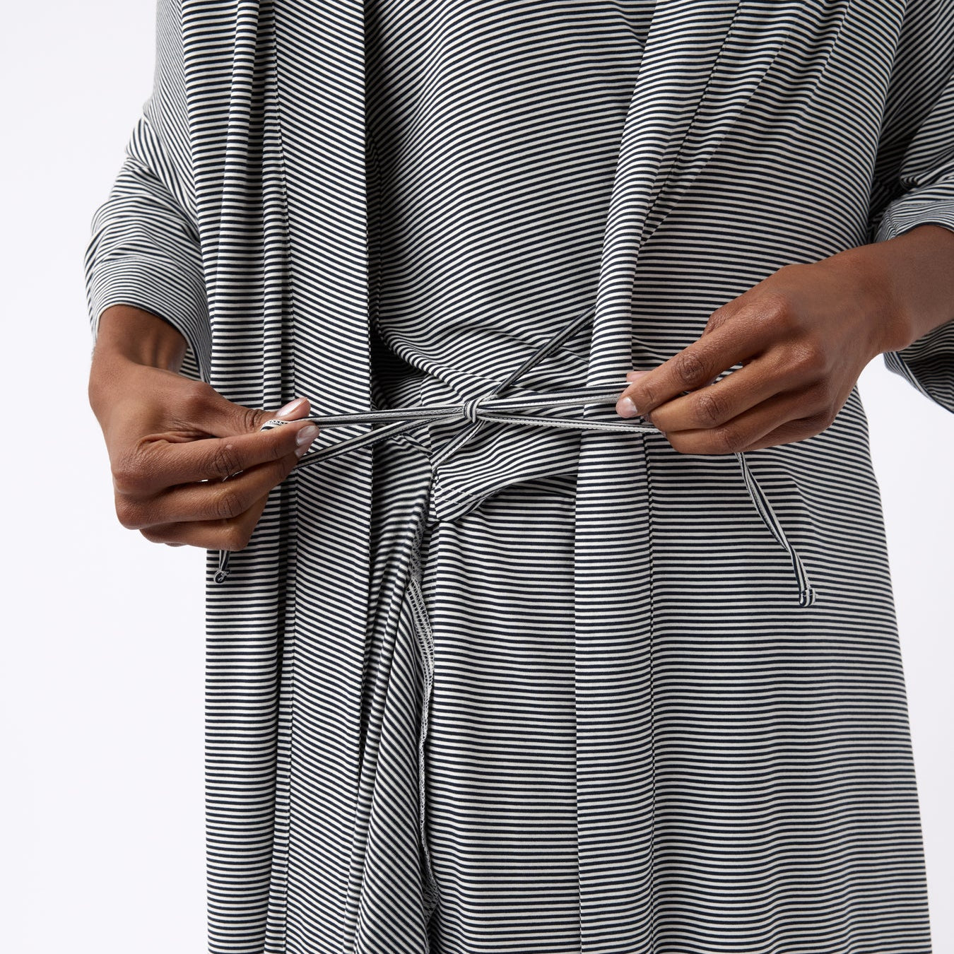 Eclipse Mini Stripe@woman wearing a eclipse mini stripe cozy earth robe