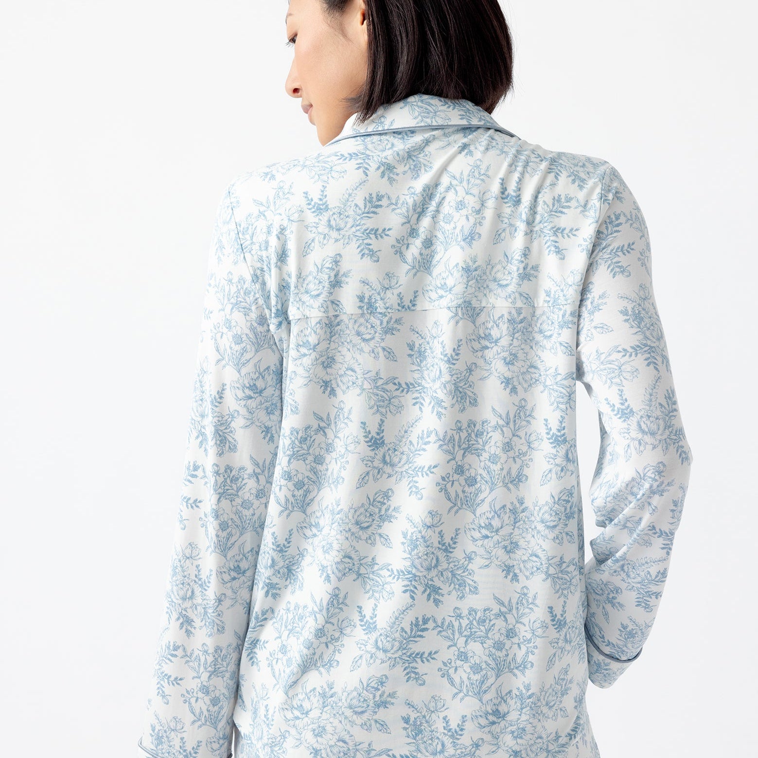 Sky Toile@woman wearing sky toile cozy earth pajamas