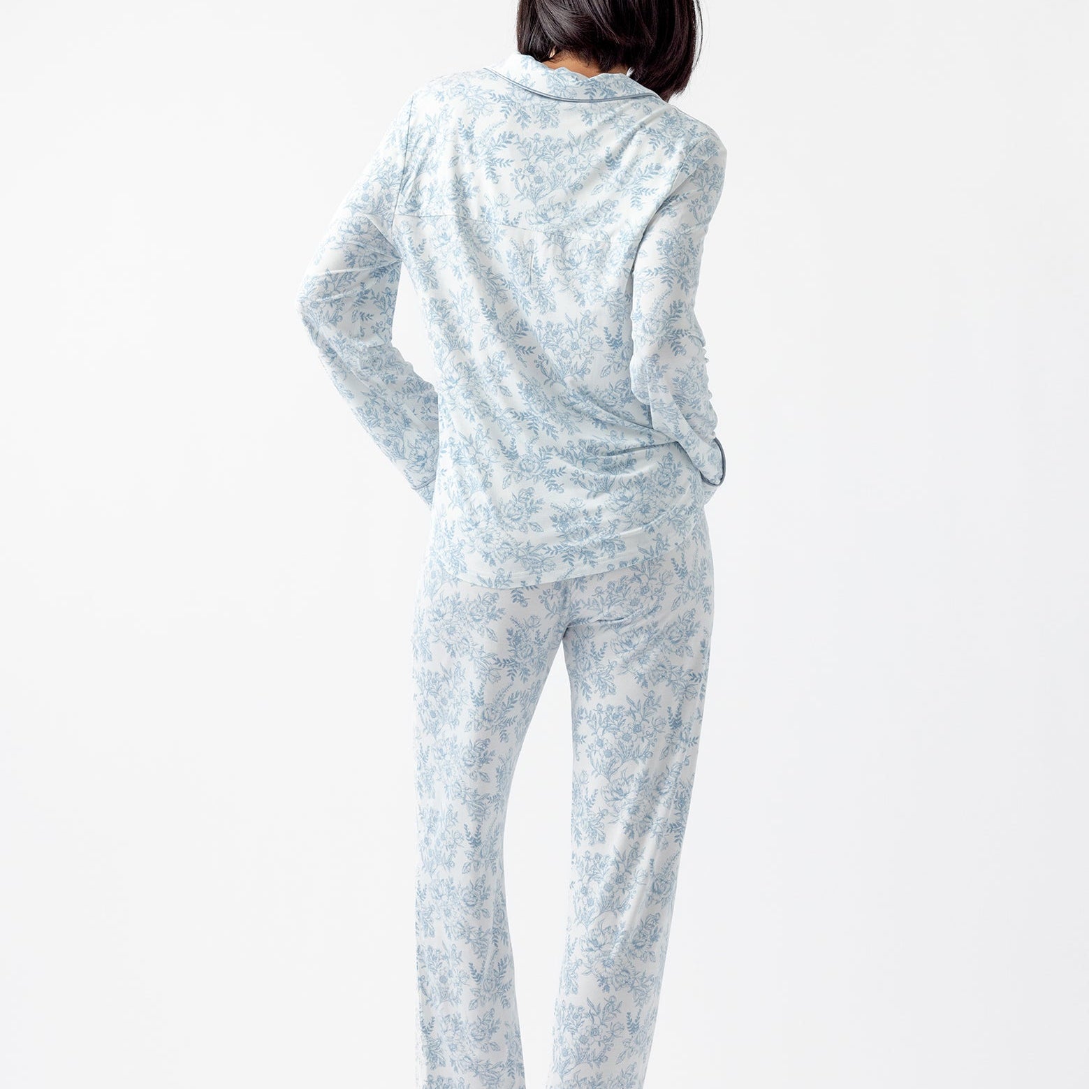 Sky Toile@woman wearing sky toile cozy earth pajamas