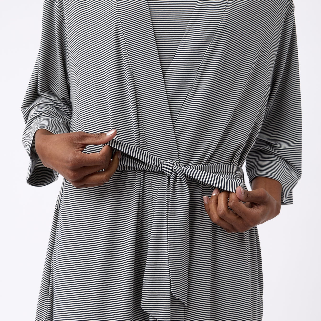 Eclipse Mini Stripe@woman wearing a eclipse mini stripe cozy earth robe