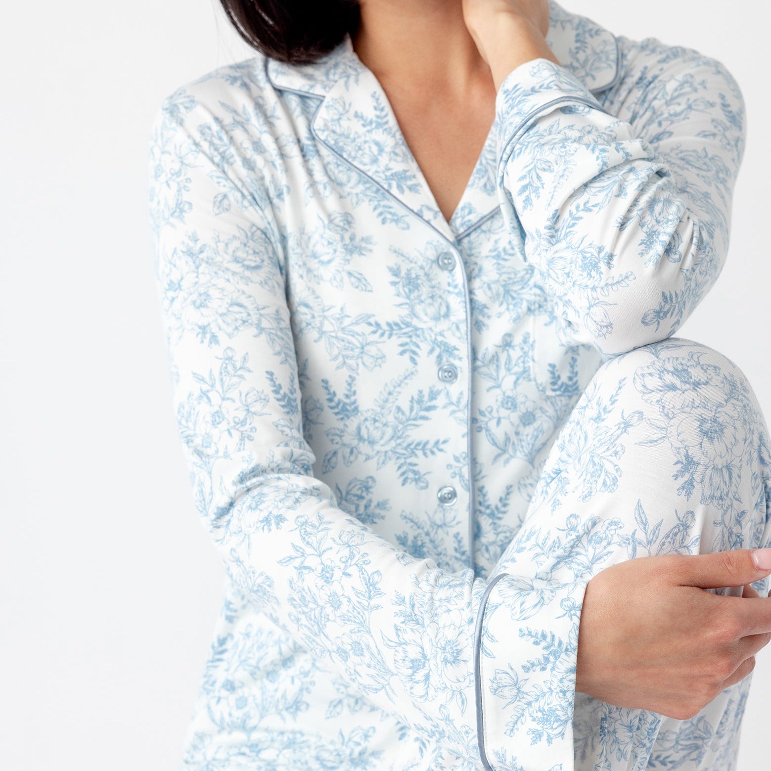 Sky Toile@woman wearing sky toile cozy earth pajamas