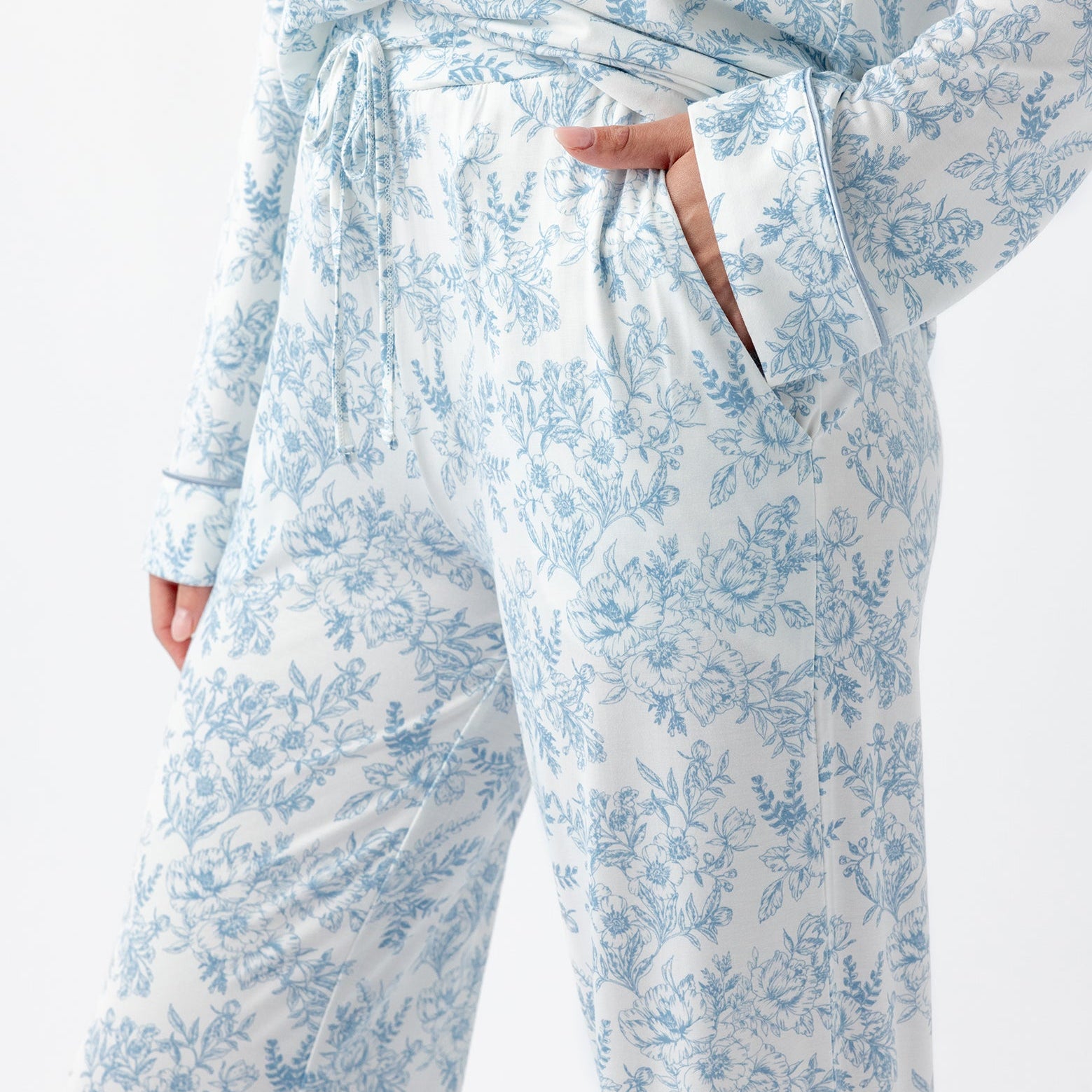 Sky Toile@woman wearing sky toile cozy earth pajamas