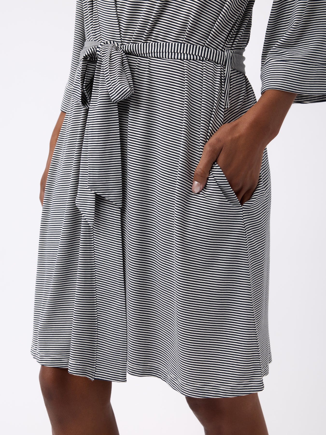 Eclipse Mini Stripe@woman wearing a eclipse mini stripe cozy earth robe