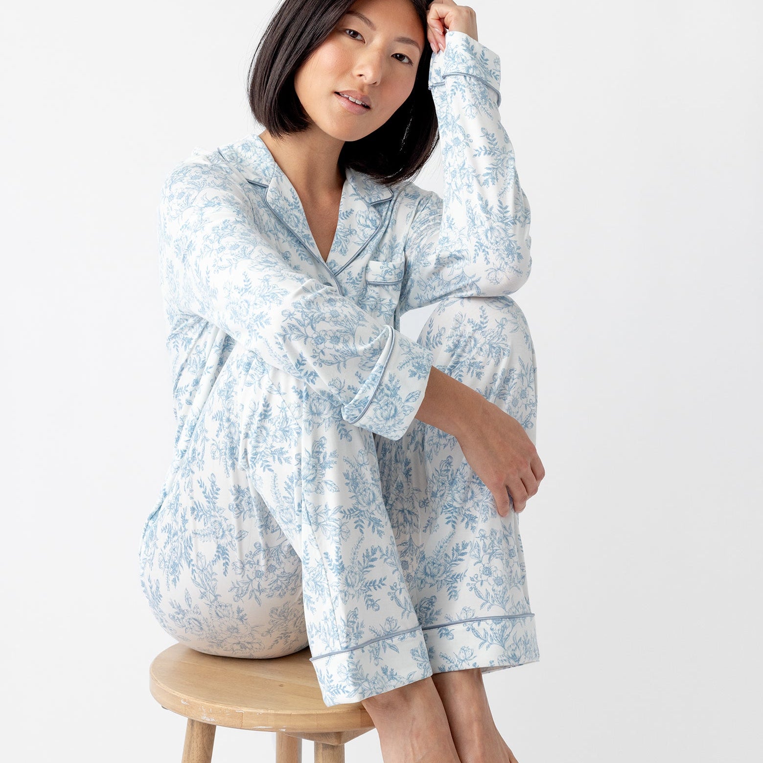 Sky Toile@woman wearing sky toile cozy earth pajamas