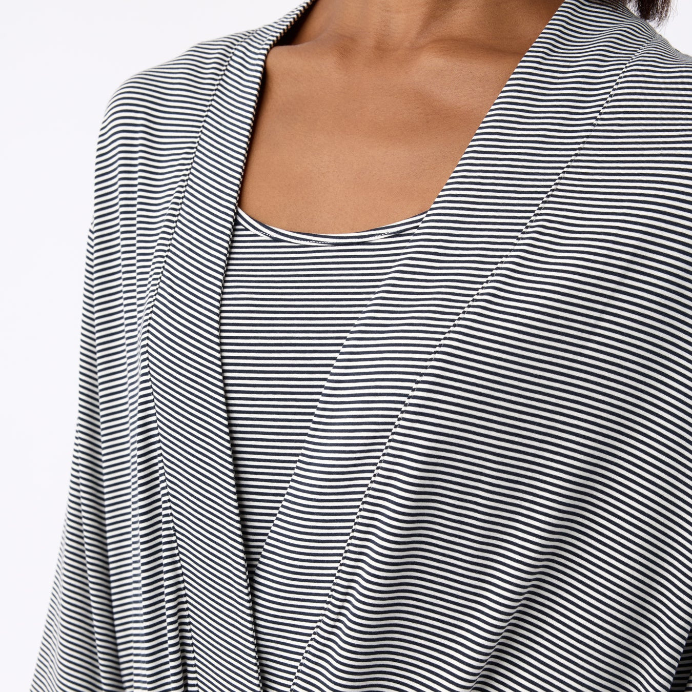 Eclipse Mini Stripe@woman wearing a eclipse mini stripe cozy earth robe