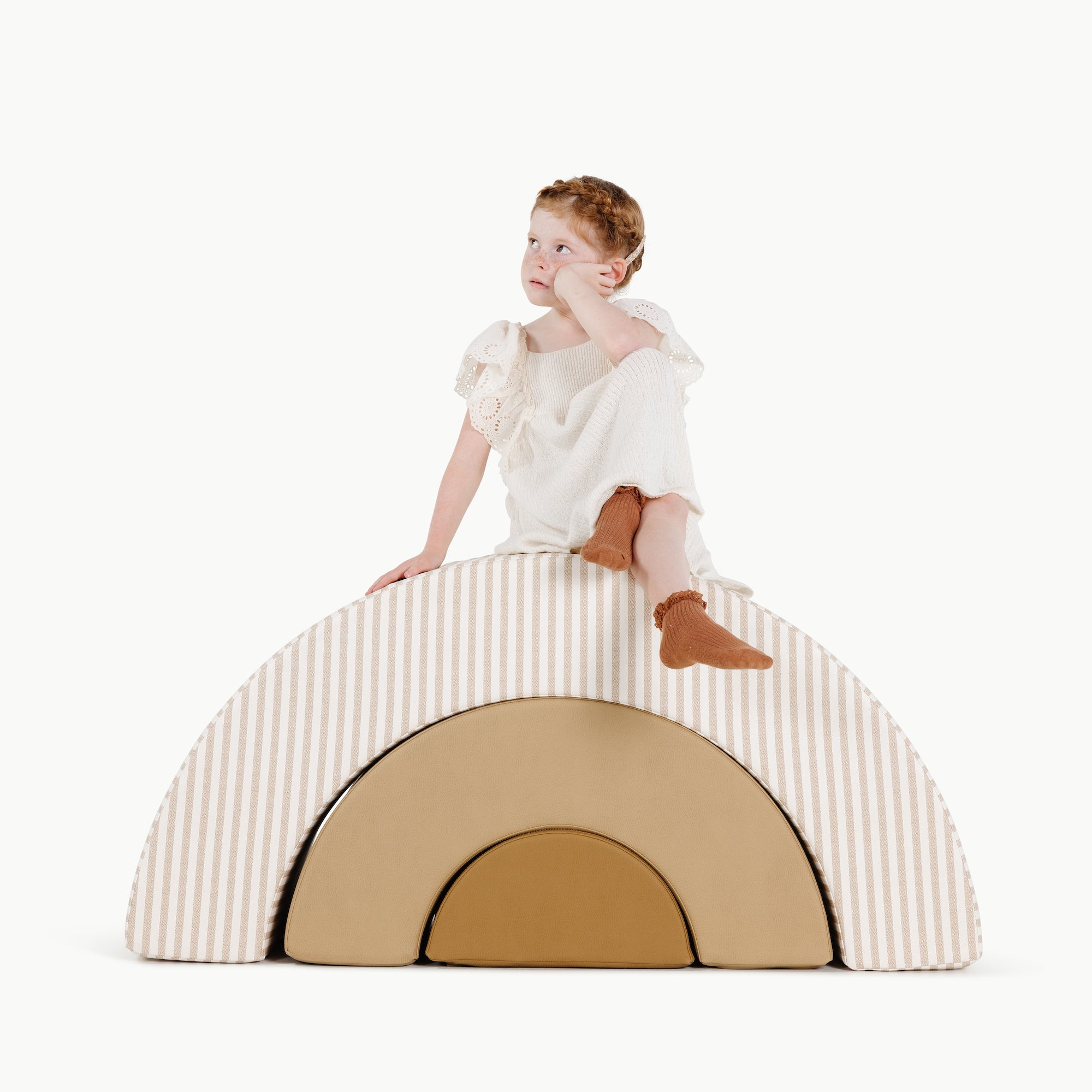 Cafe Stripe • Russet • Ochre (on sale)@kid playing on the fw23 arc playset