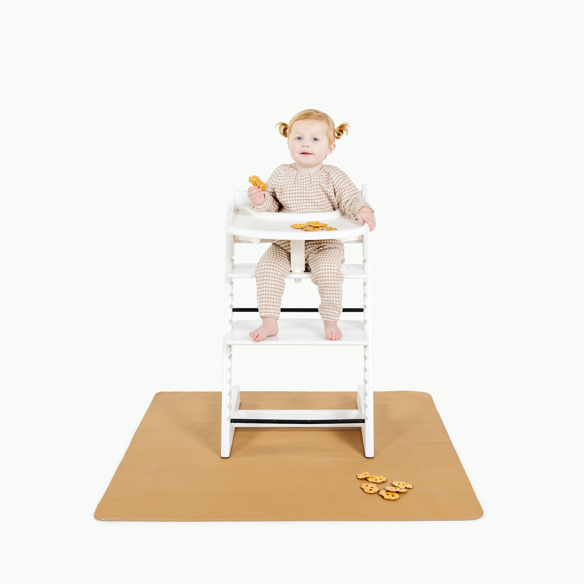 Camel / Highchair Mat@ Mini (Color) baby in a highchair on the mini camel mat