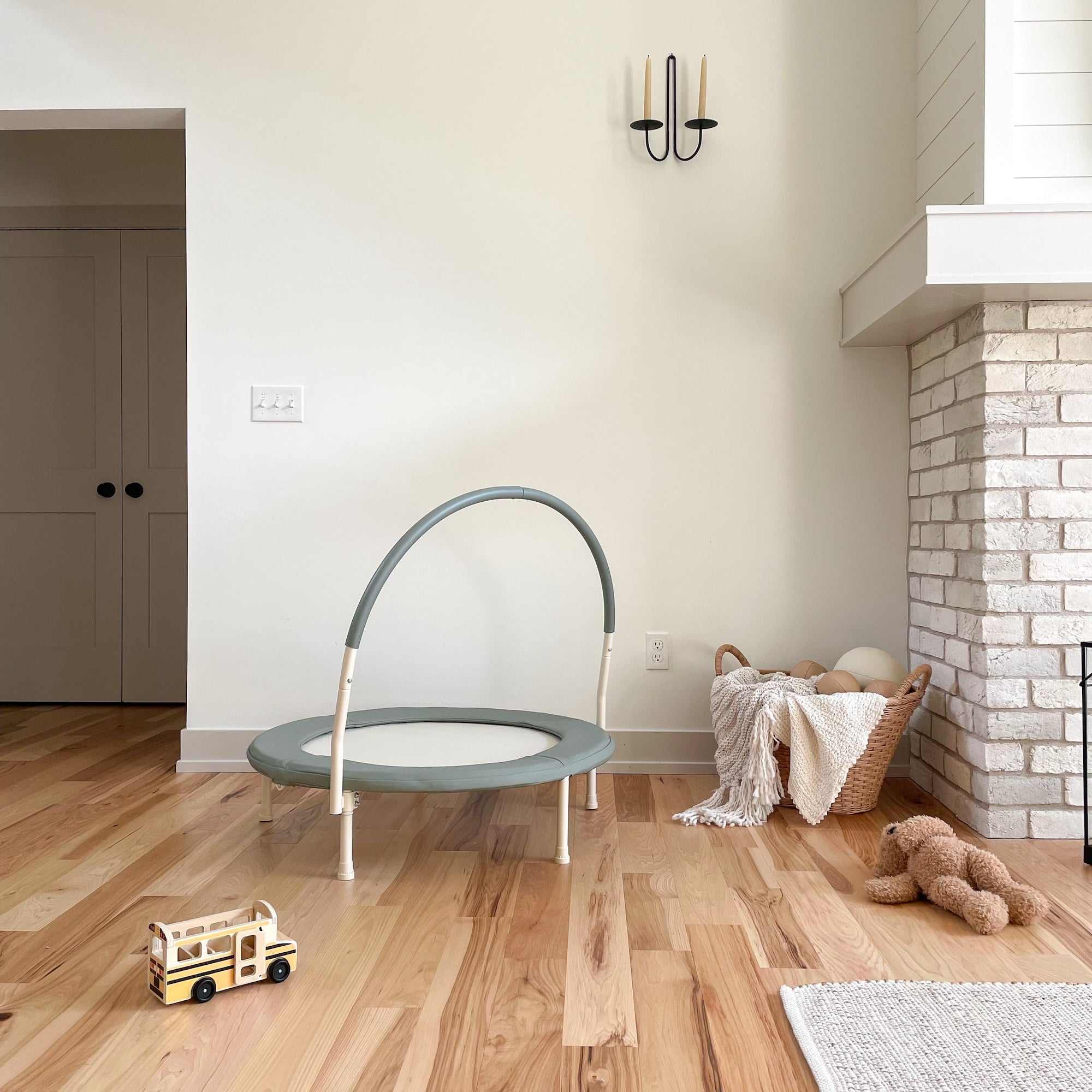 Palm@Modern indoor trampoline for kids styled in a neutral home space