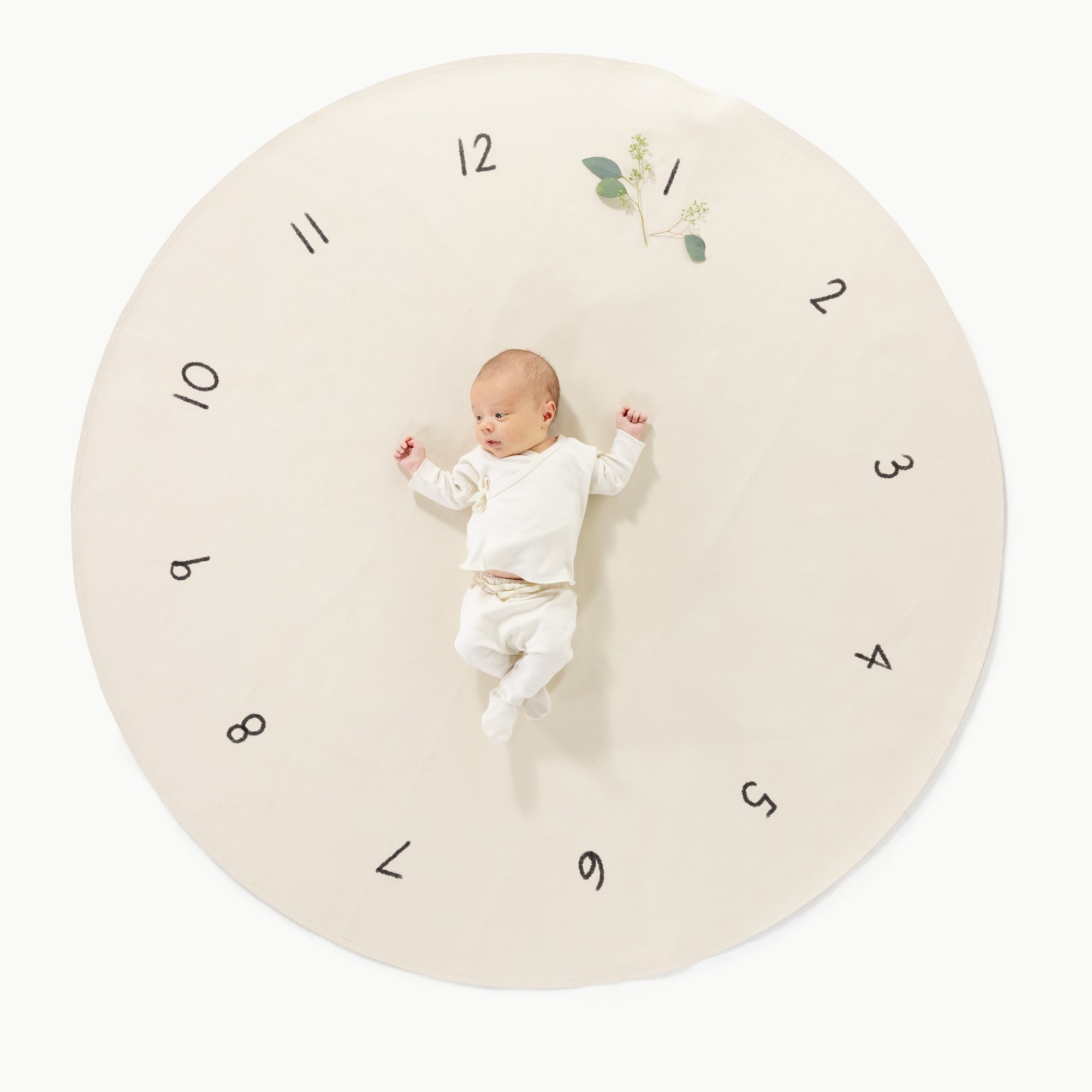 Milestones@overhead of baby on the milestone midi circle mat