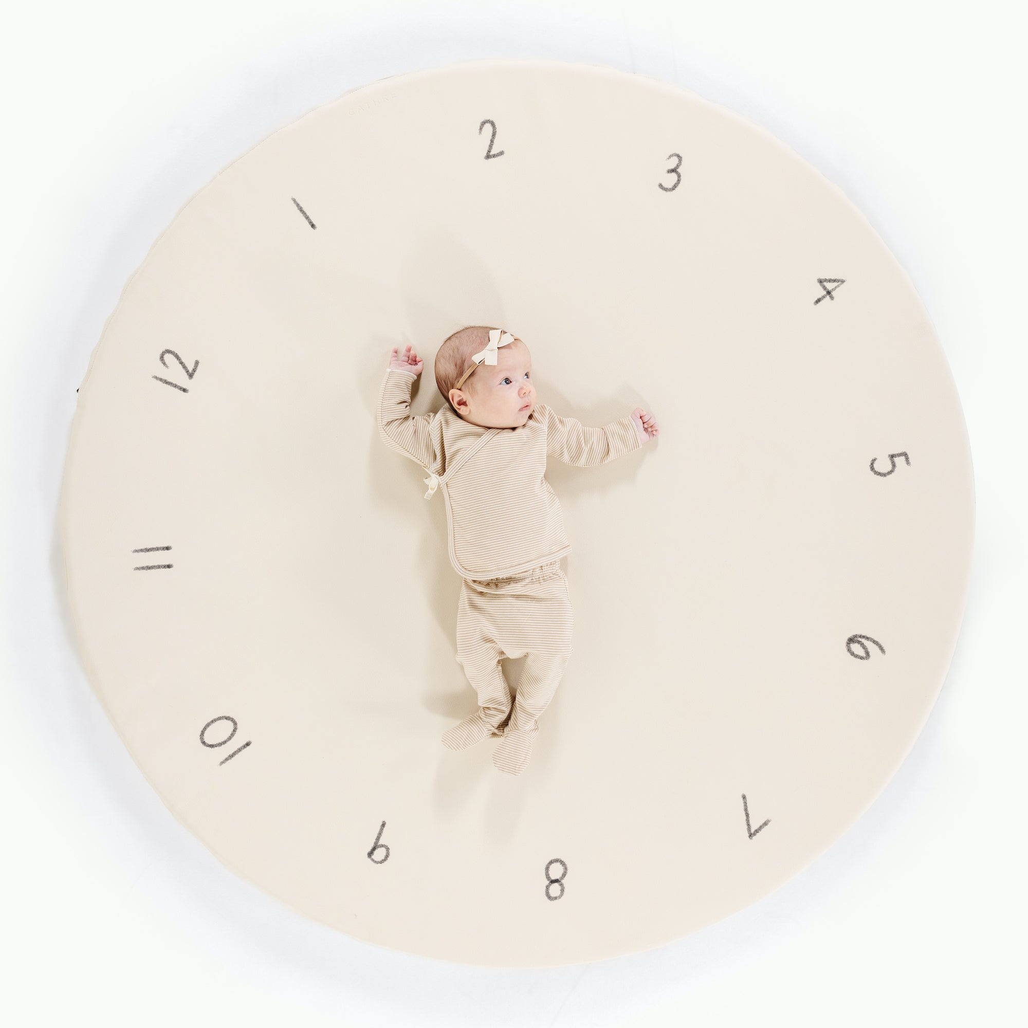 Milestones (on sale)@Overhead of baby laying on padded midi circle