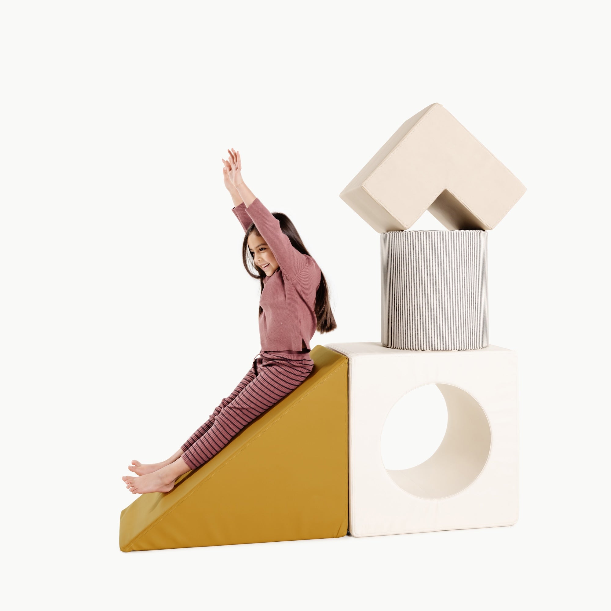 Saffron • Ivory • Stone Stripe • Millet@little girl playing on block playset