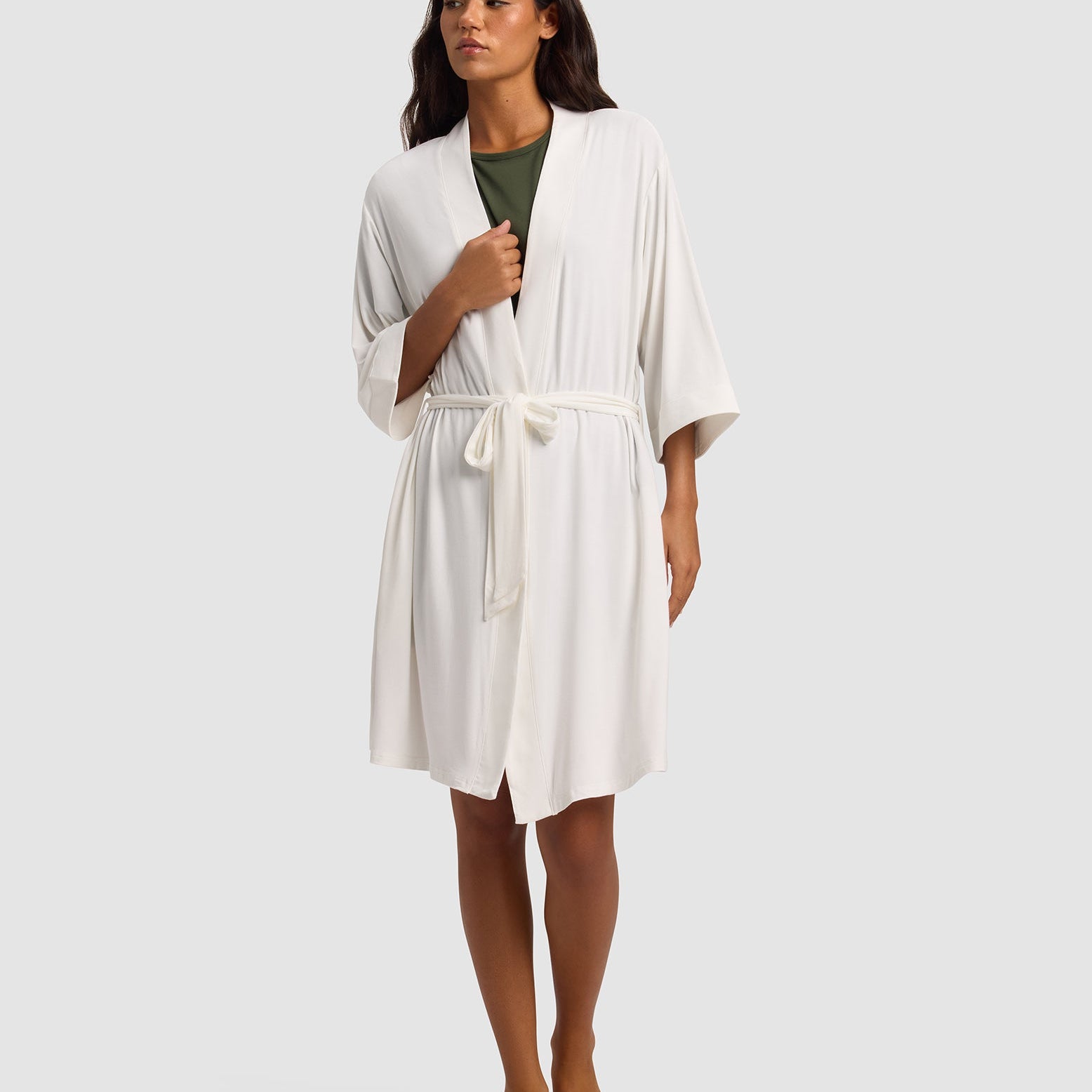 Ivory@woman wearing a Ivory cozy earth robe