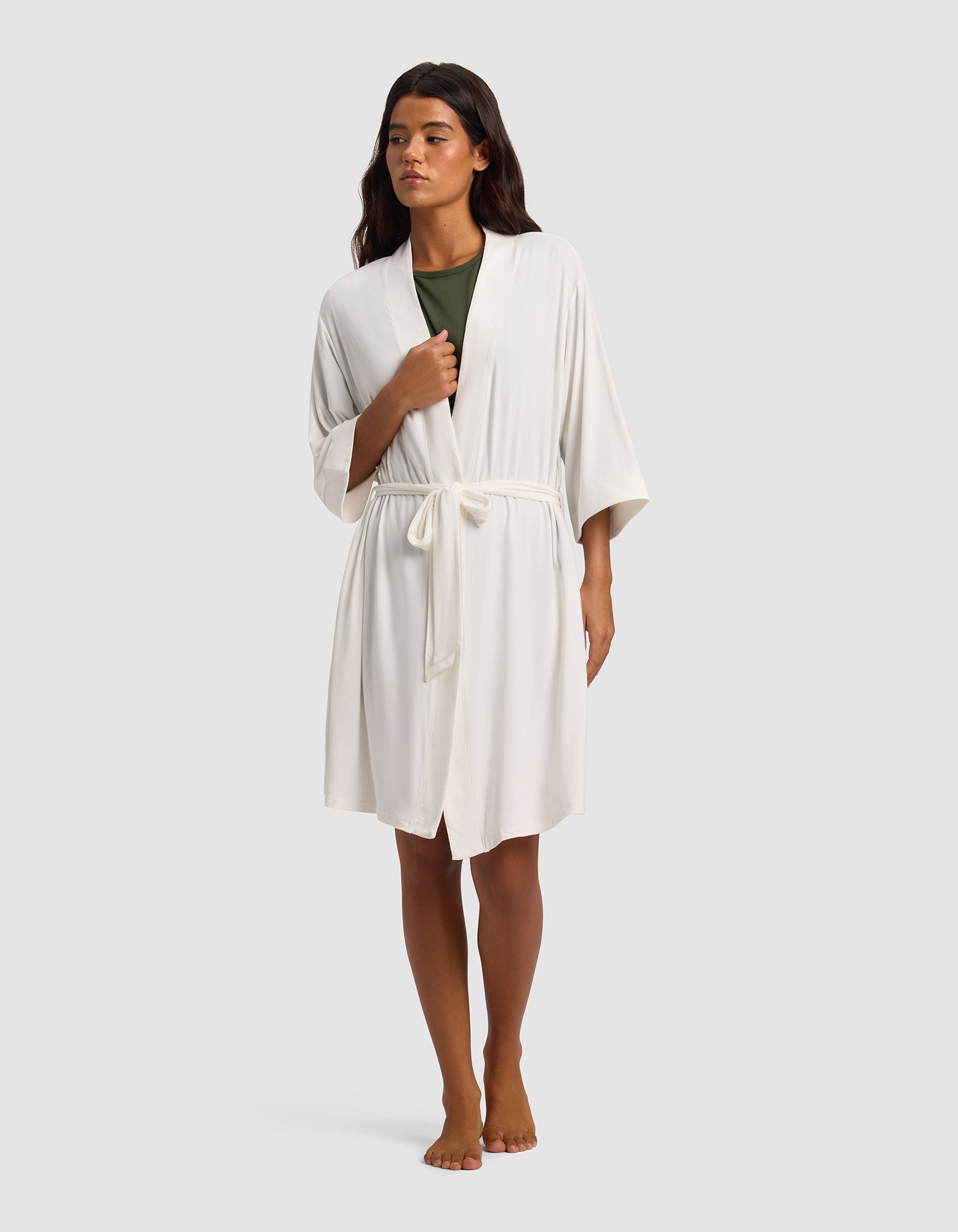 Ivory@woman wearing a Ivory cozy earth robe