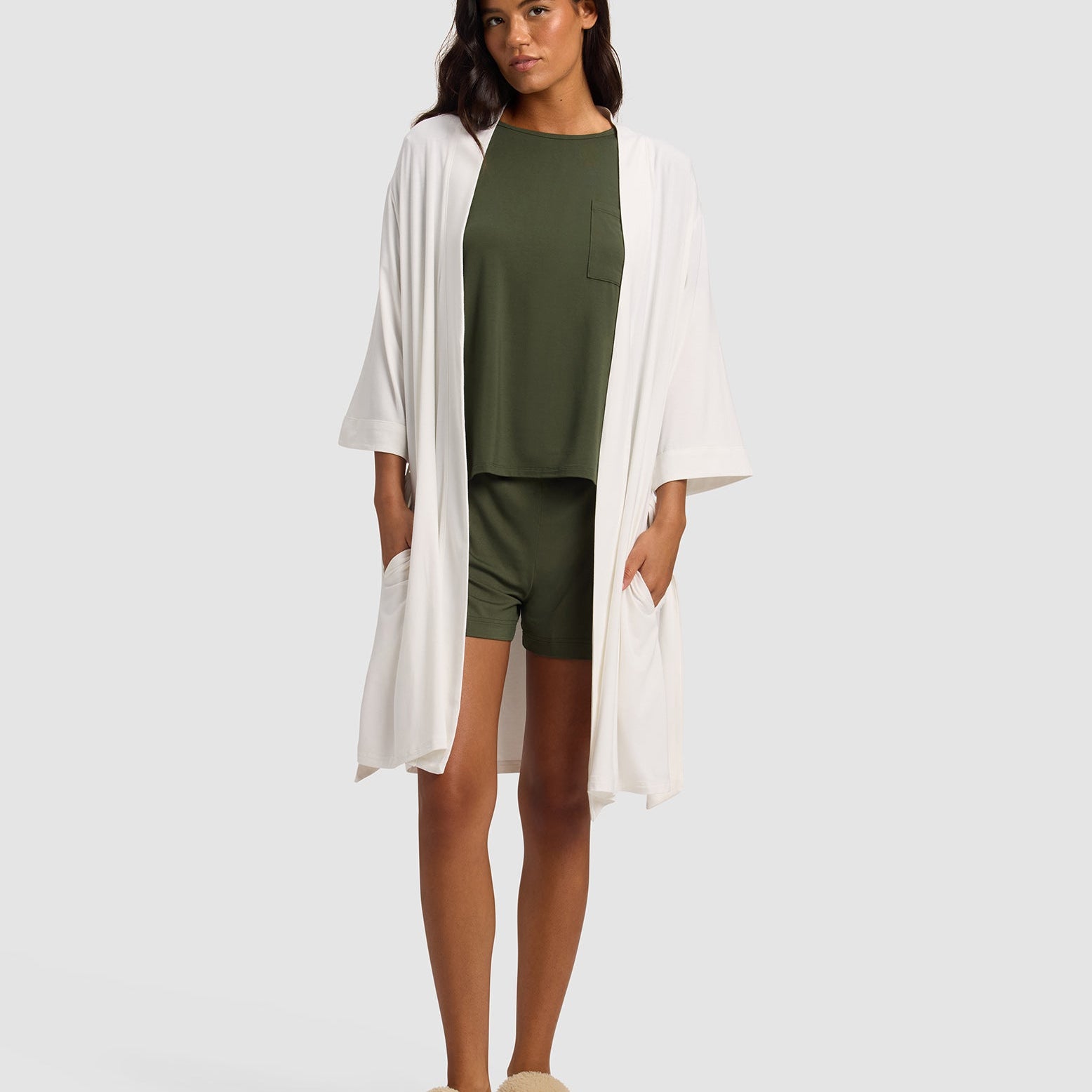 Ivory@woman wearing a Ivory cozy earth robe