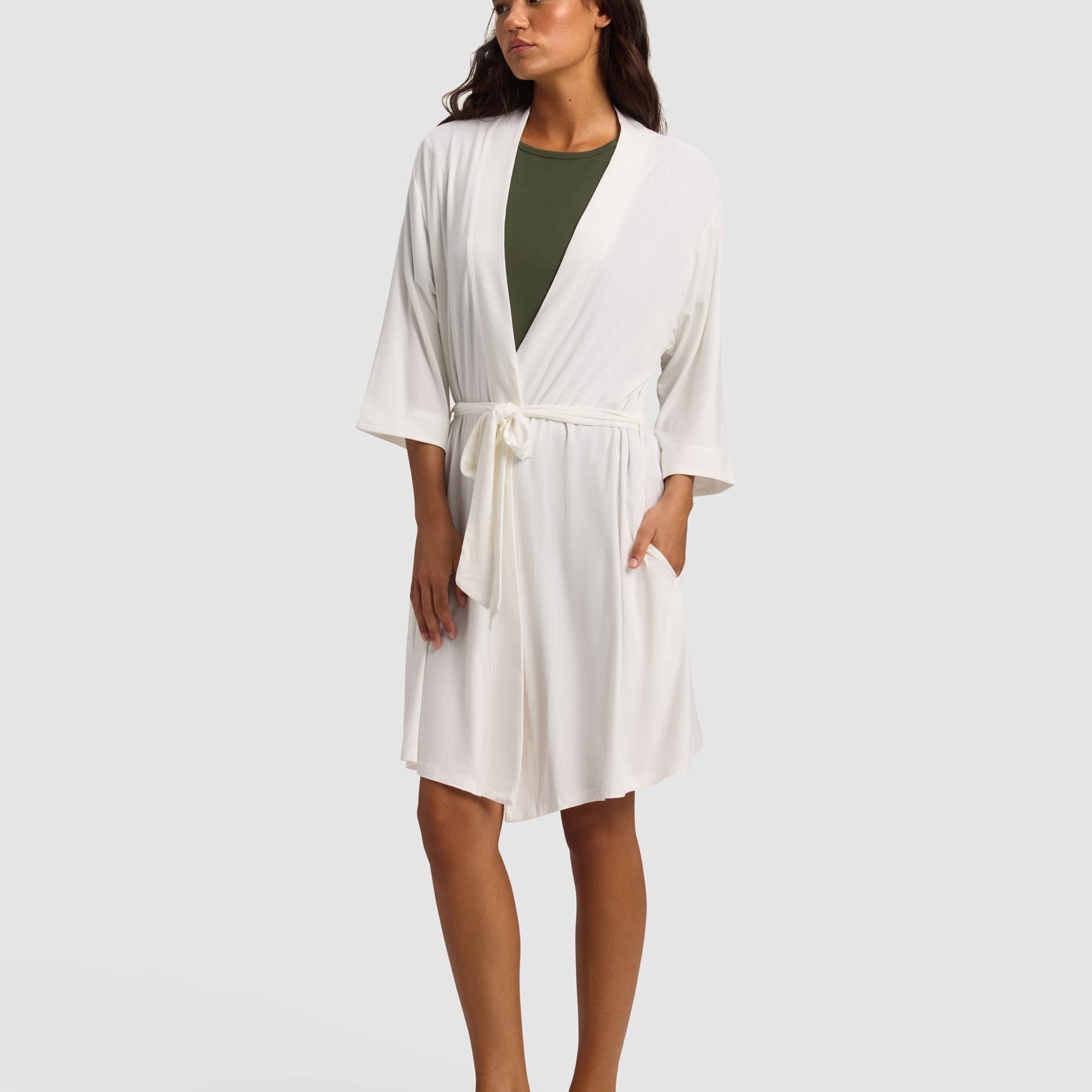 Ivory@woman wearing a Ivory cozy earth robe