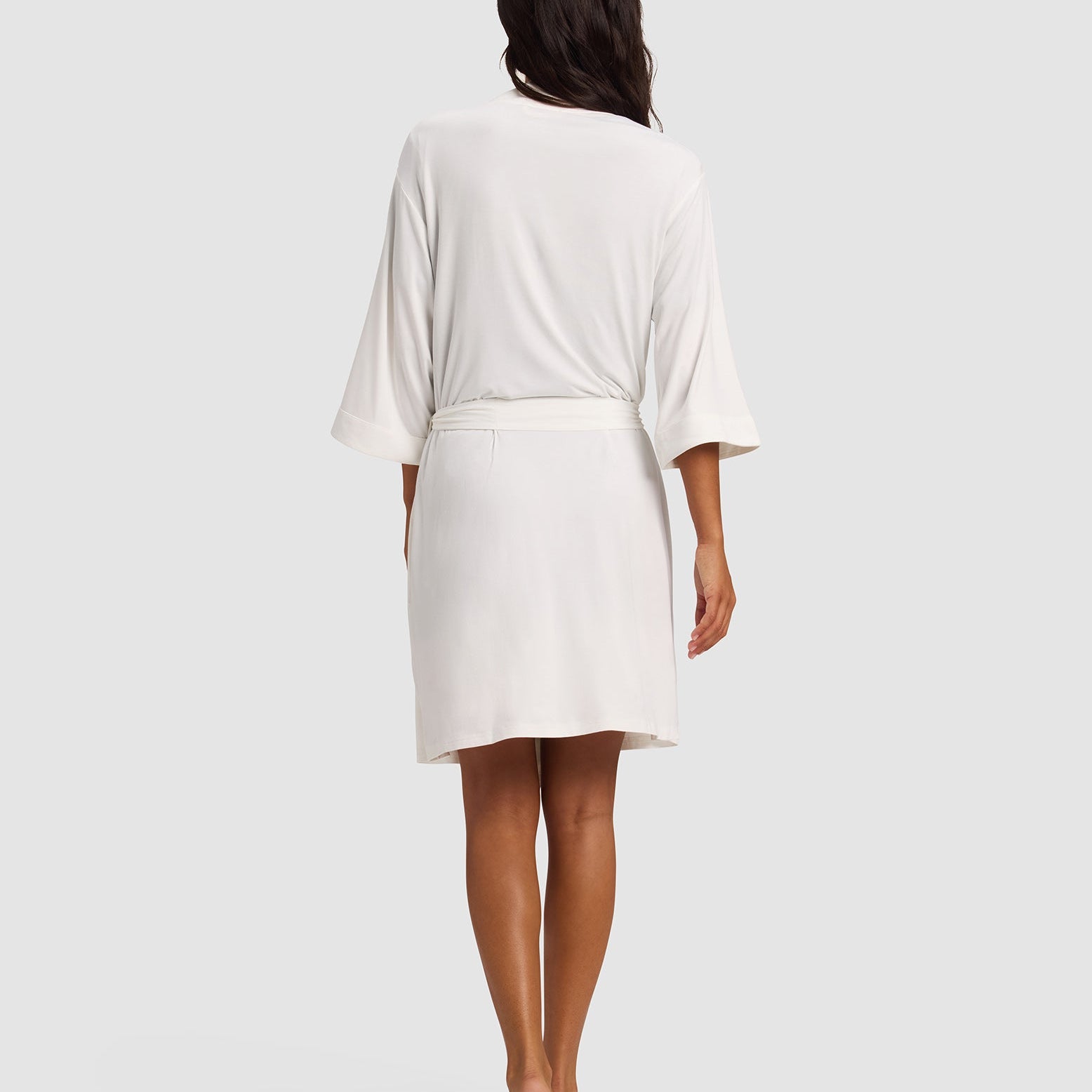 Ivory@woman wearing a Ivory cozy earth robe