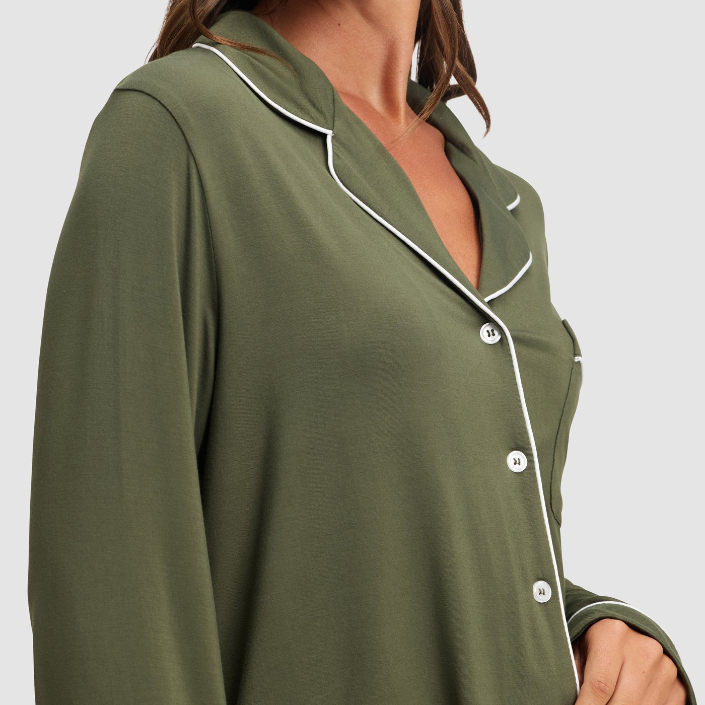 Olive@woman wearing olive cozy earth pajamas