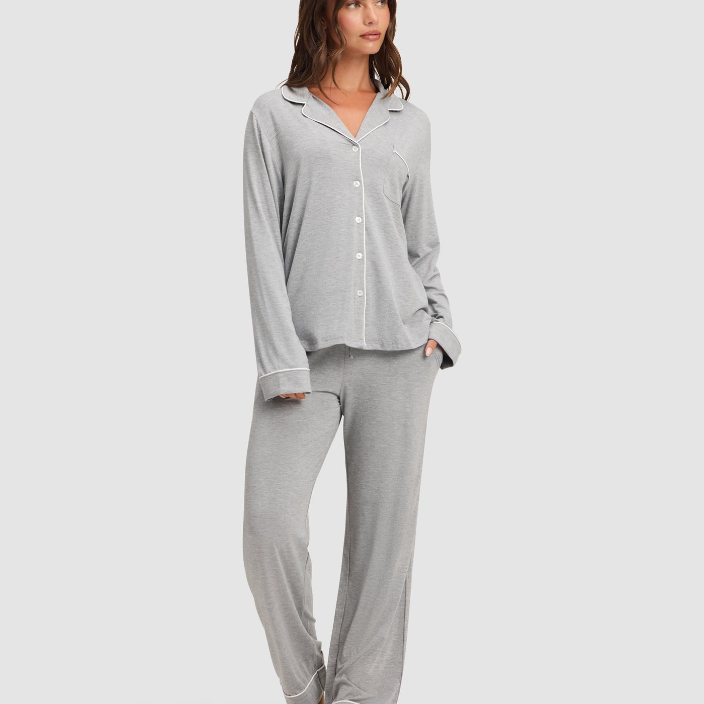 Grey@woman wearing grey cozy earth pajamas