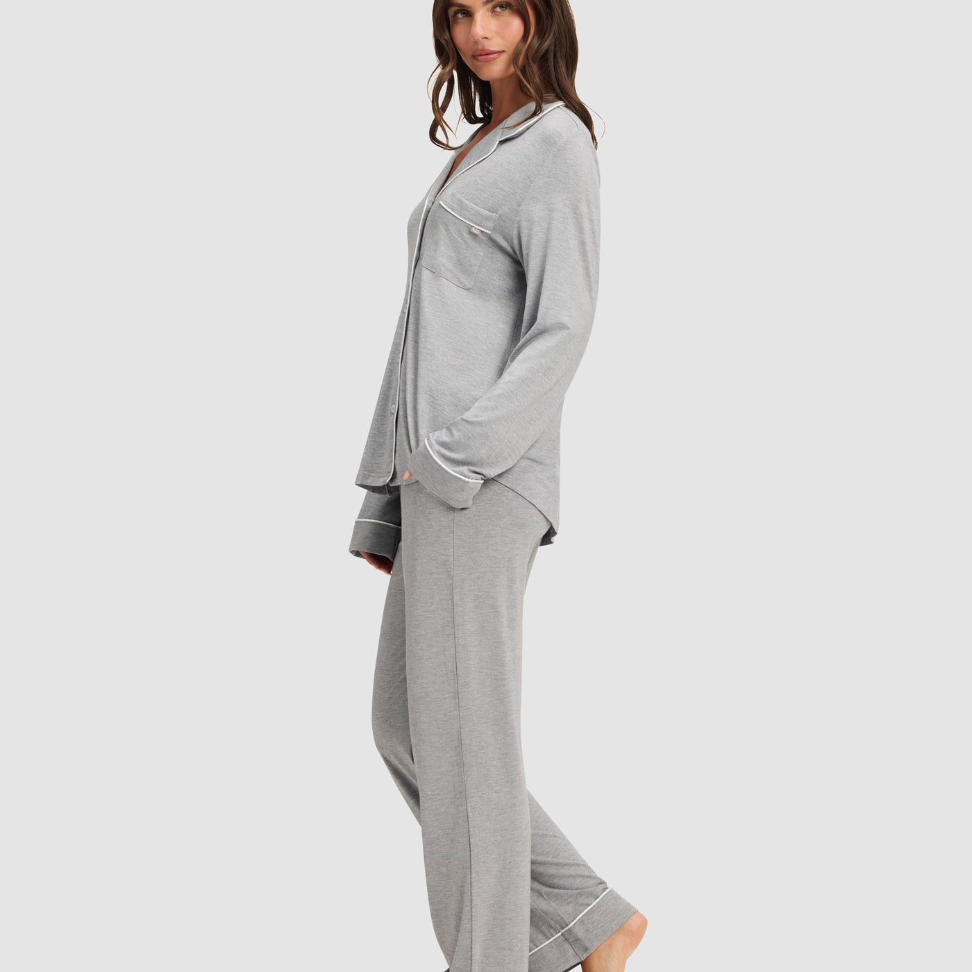 Grey@woman wearing grey cozy earth pajamas