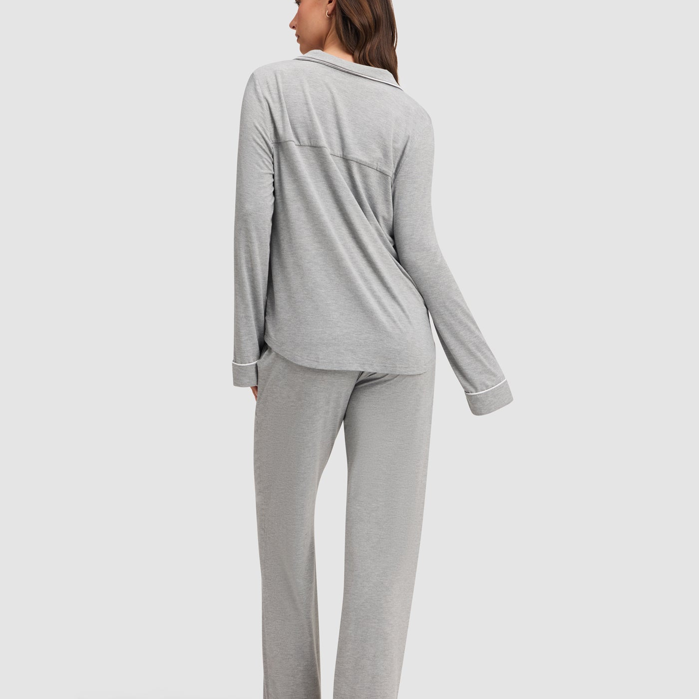Grey@woman wearing grey cozy earth pajamas
