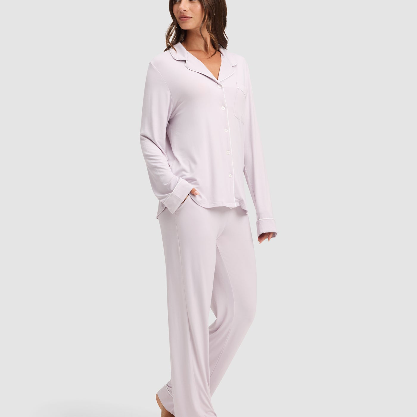 Lilac@woman wearing lilac cozy earth pajamas