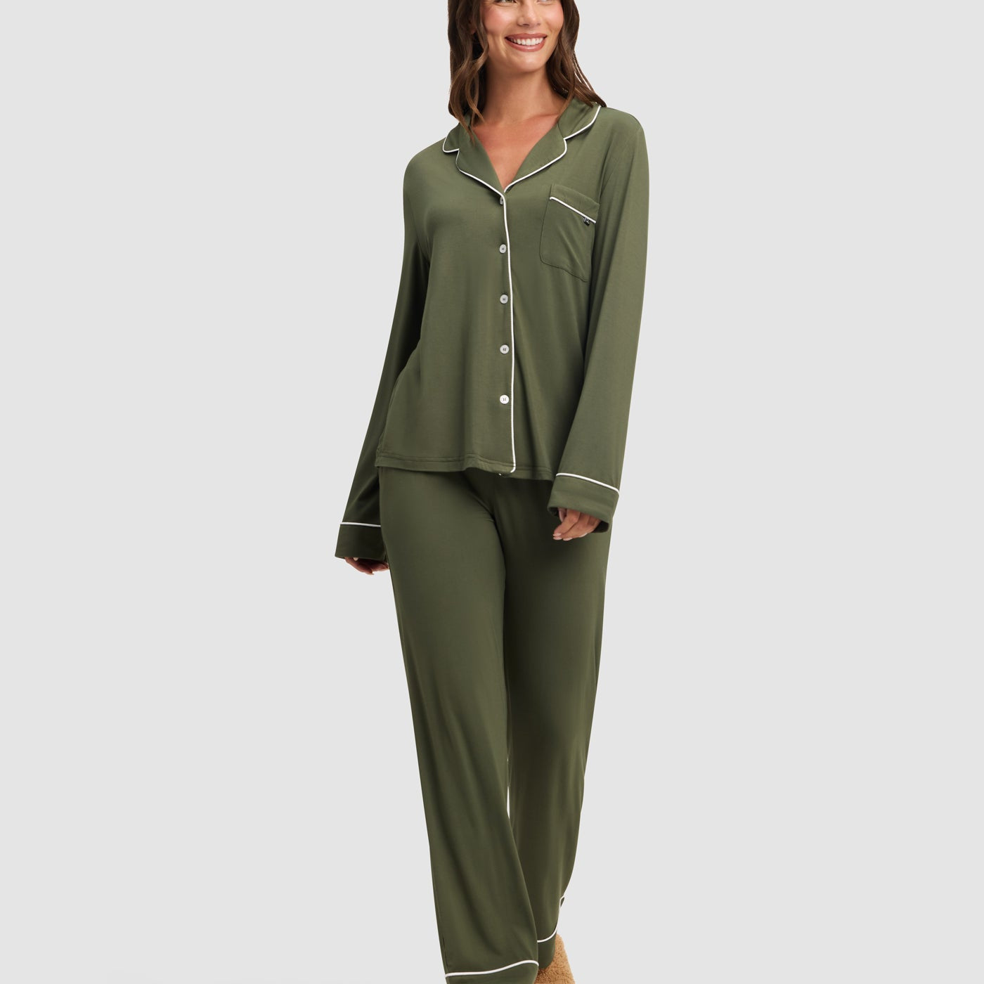 Olive@woman wearing olive cozy earth pajamas