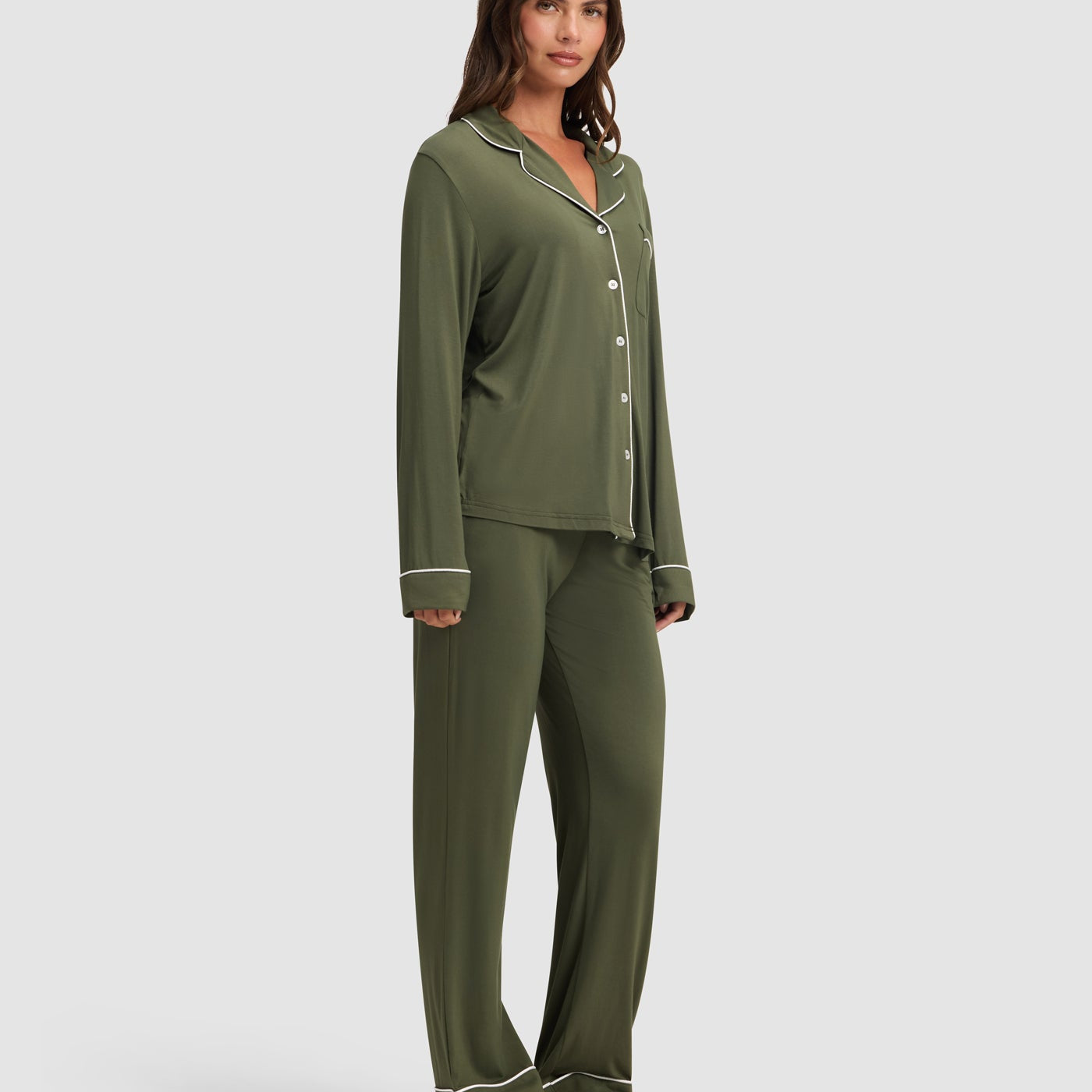 Olive@woman wearing olive cozy earth pajamas