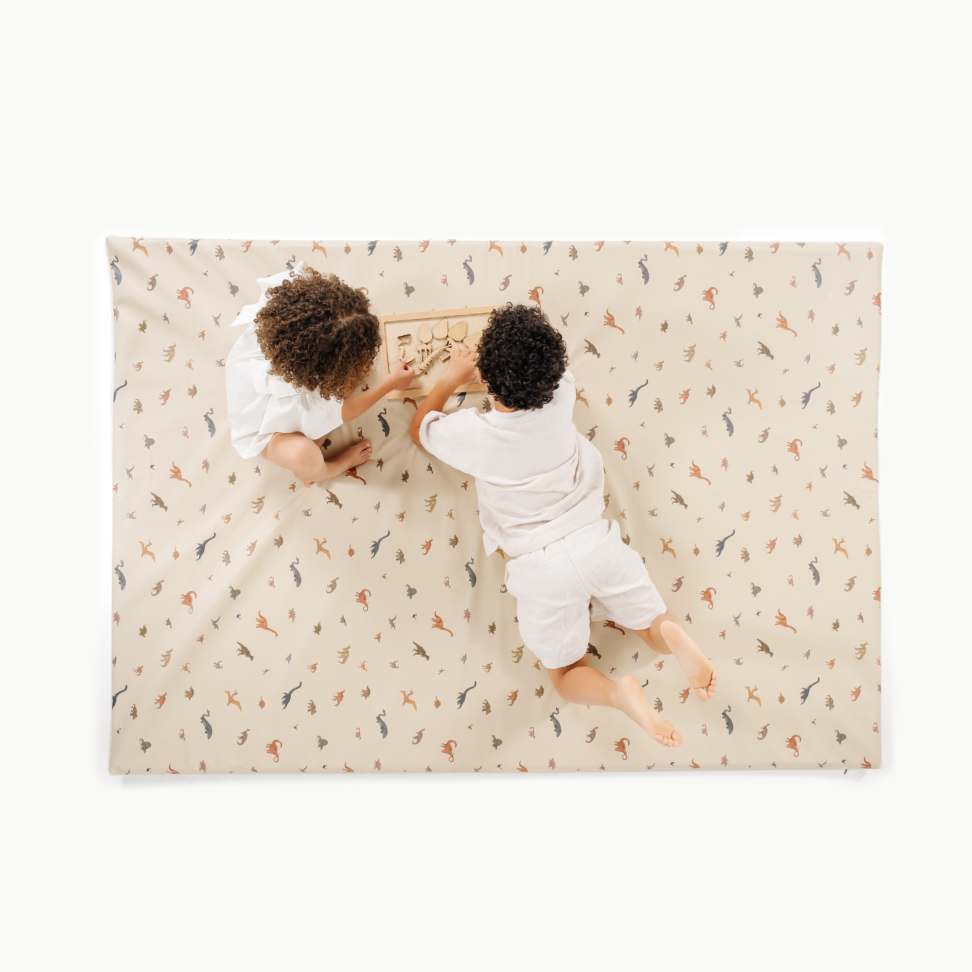 Dinosauria@overhead of kids playing on mat