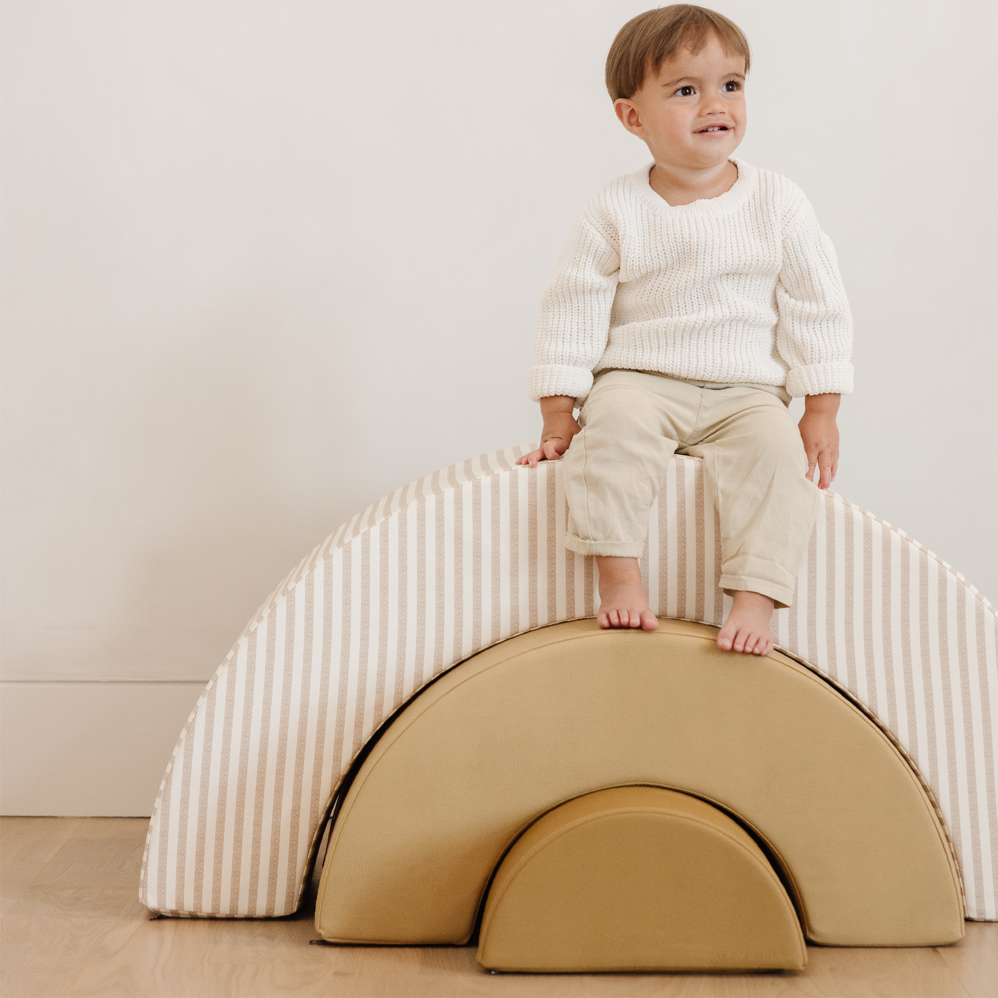Cafe Stripe • Russet • Ochre (on sale)@Boy sitting on FW23 Arc Playset