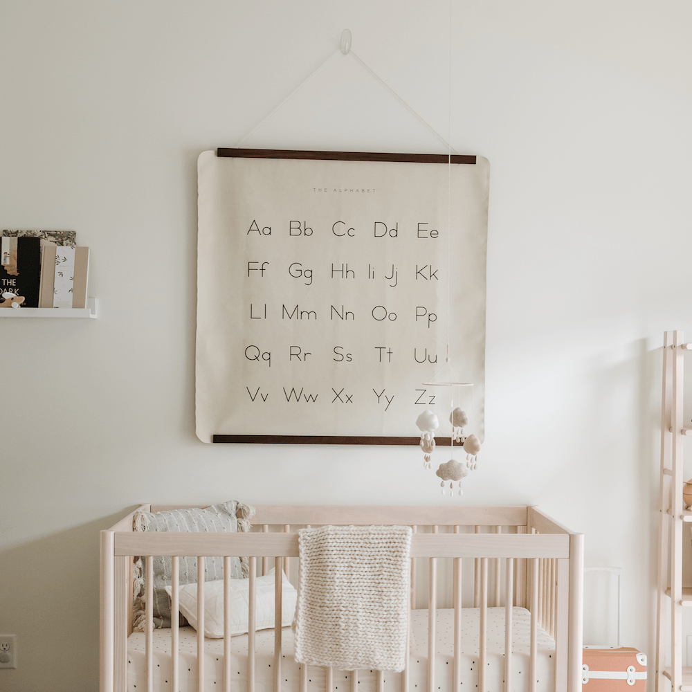 Alphabet@Alphabet Mini Mat hanging on wall above crib