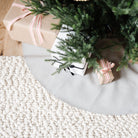 Pewter (on sale)@pewter tree skirt under christmas tree with presents on top