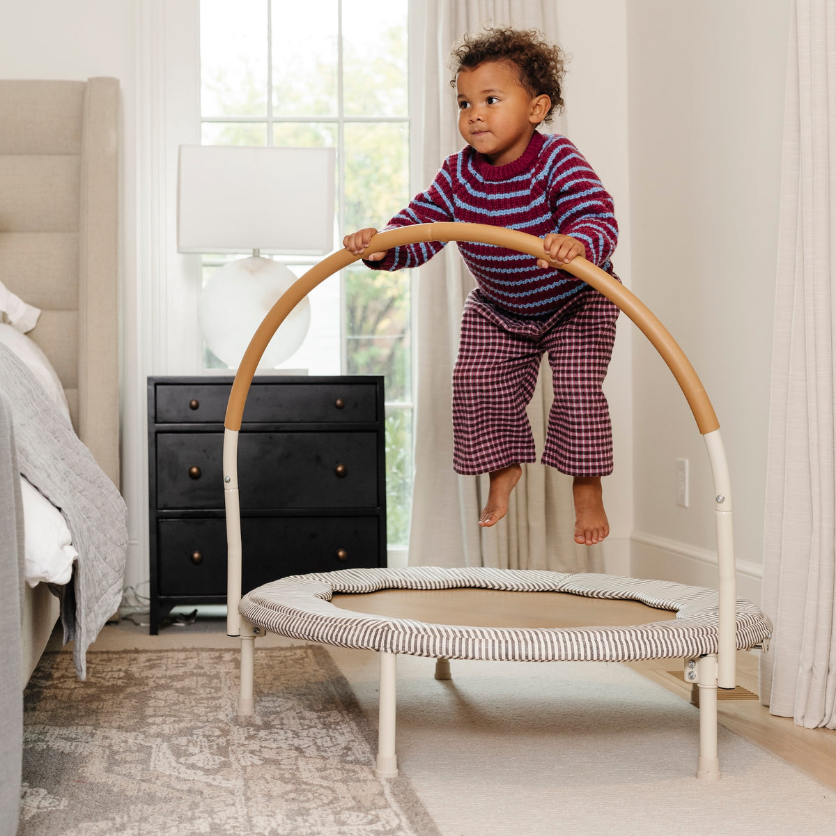 Stone Stripe / Scallop@Minimalist kids trampoline designed to fit beautifully in shared living spaces