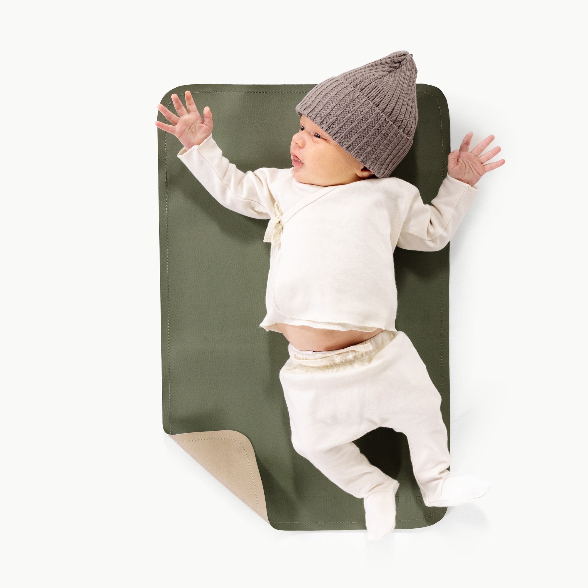 Thyme • Fog (on sale)@Overhead of baby on the Thyme/Fog Micro Mat
