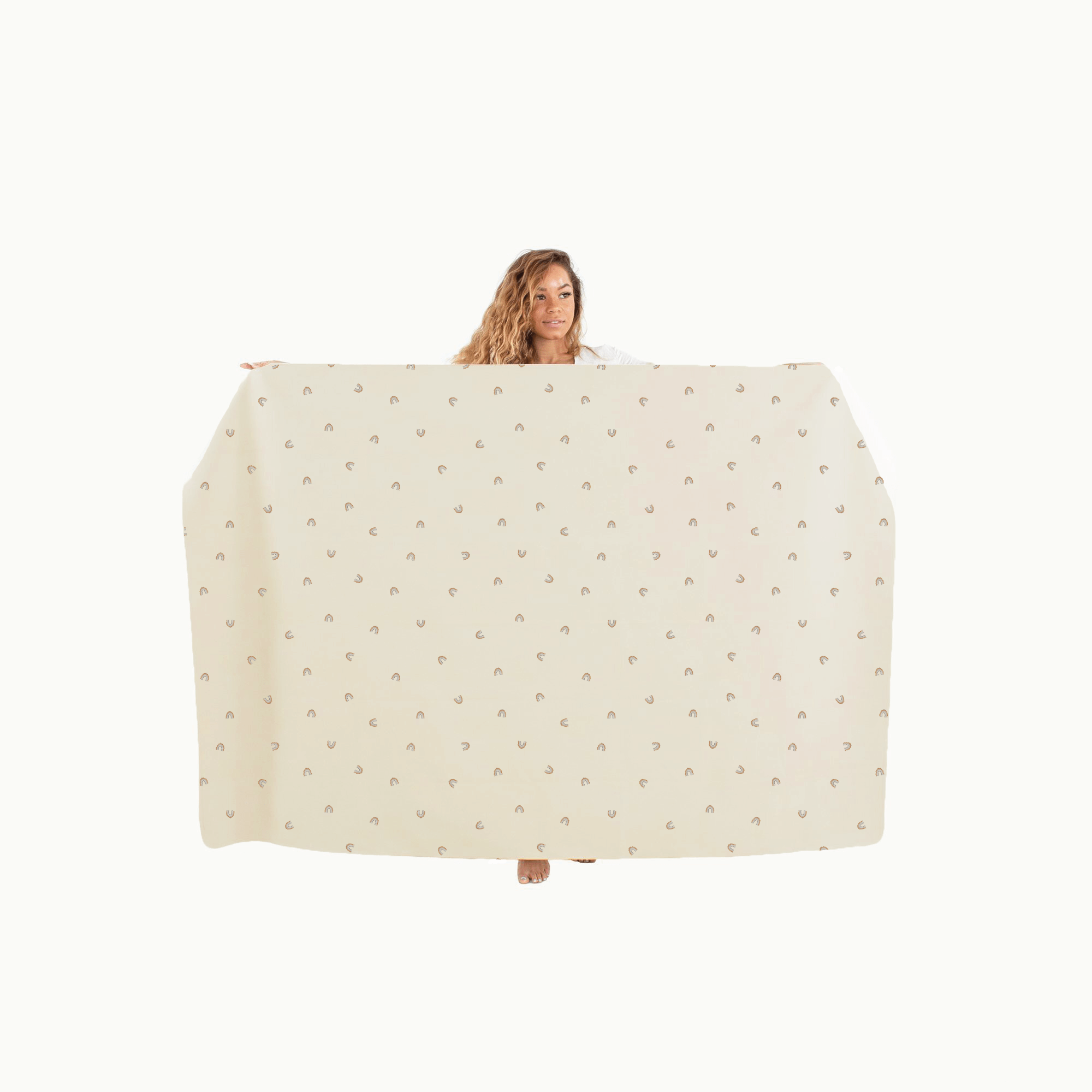 Tiny Rainbow (on sale) / 6 Foot@woman holding tiny rainbow tablecloth