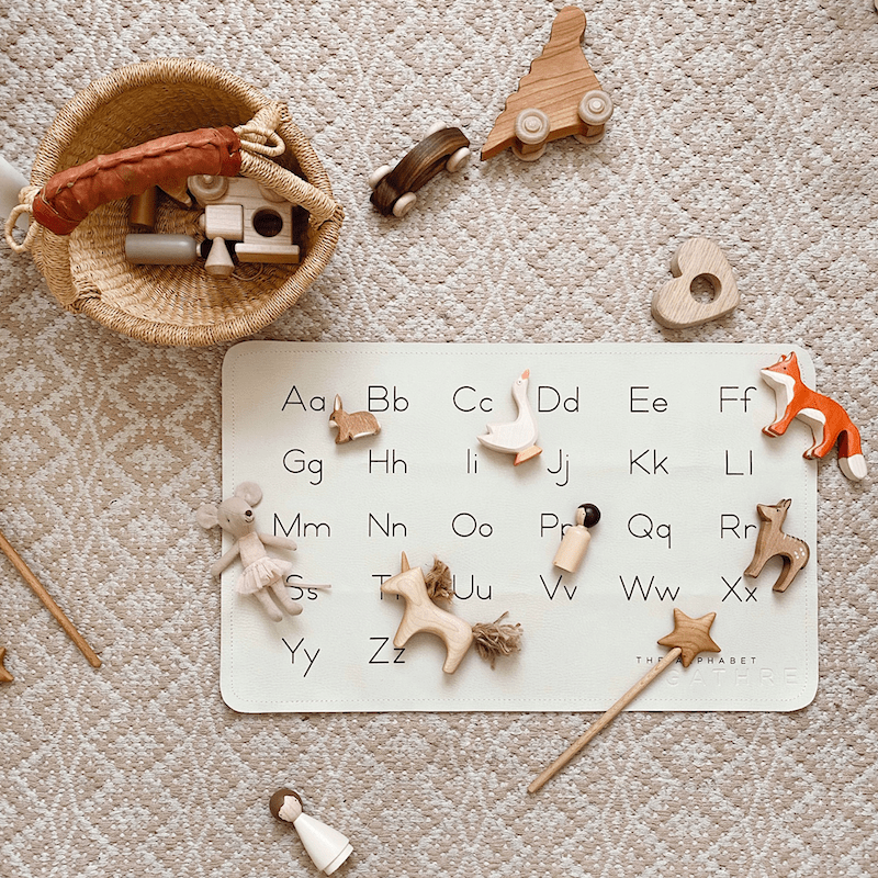 Alphabet@Overhead of Alphabet Micro mat with toys on it